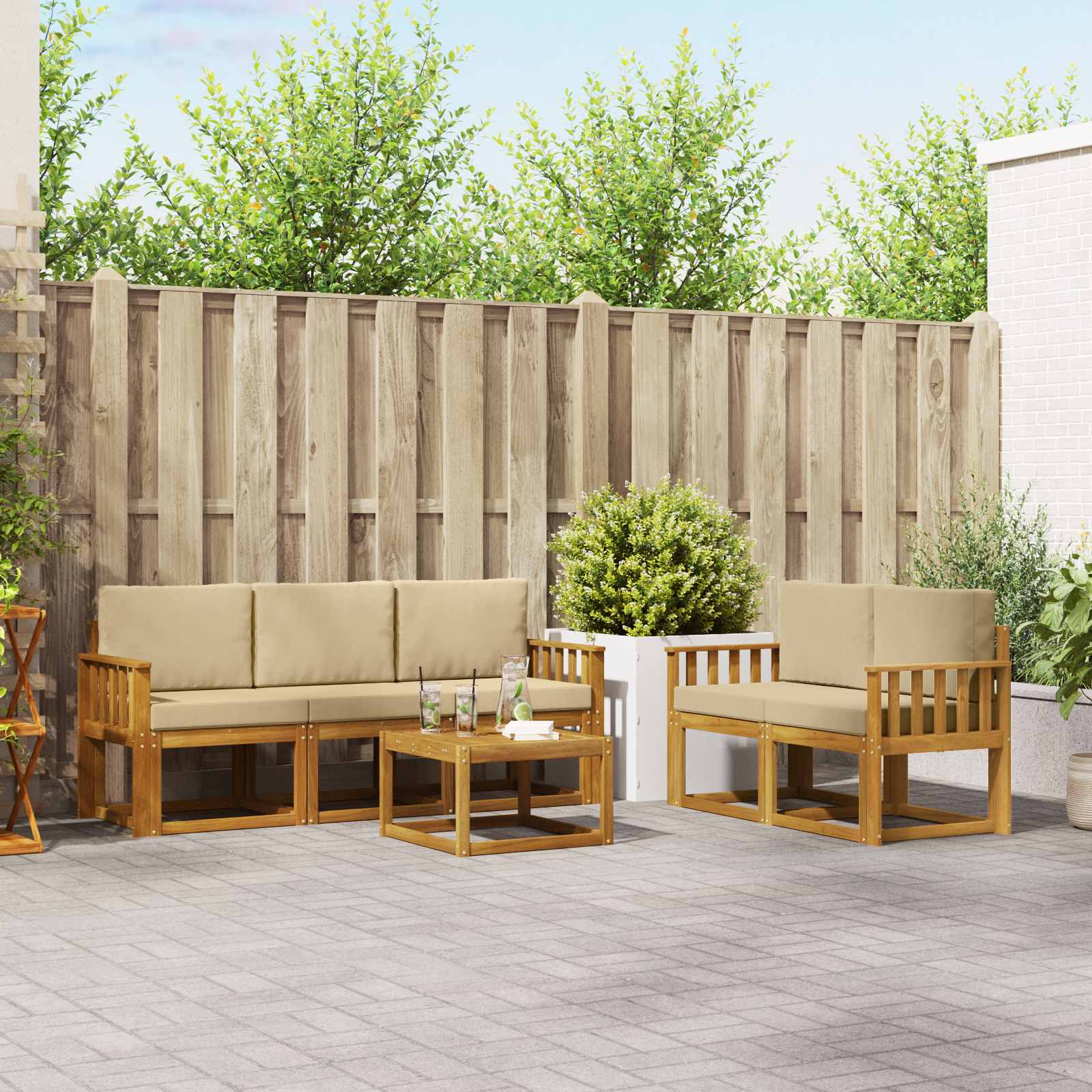 Buiten bankenset met kussen 6 pcs Natuurlijk en Beige