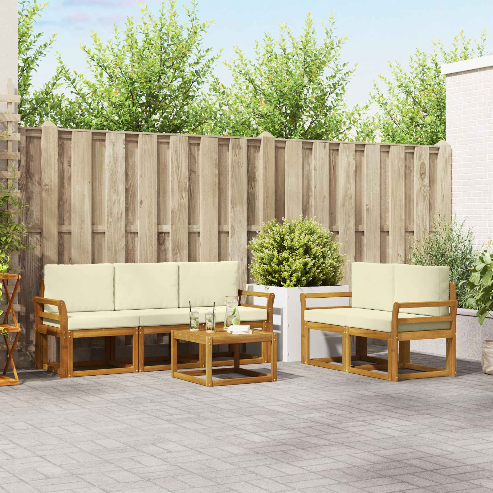 Buiten bankenset met kussen 6 pcs Natuurlijk en Crème