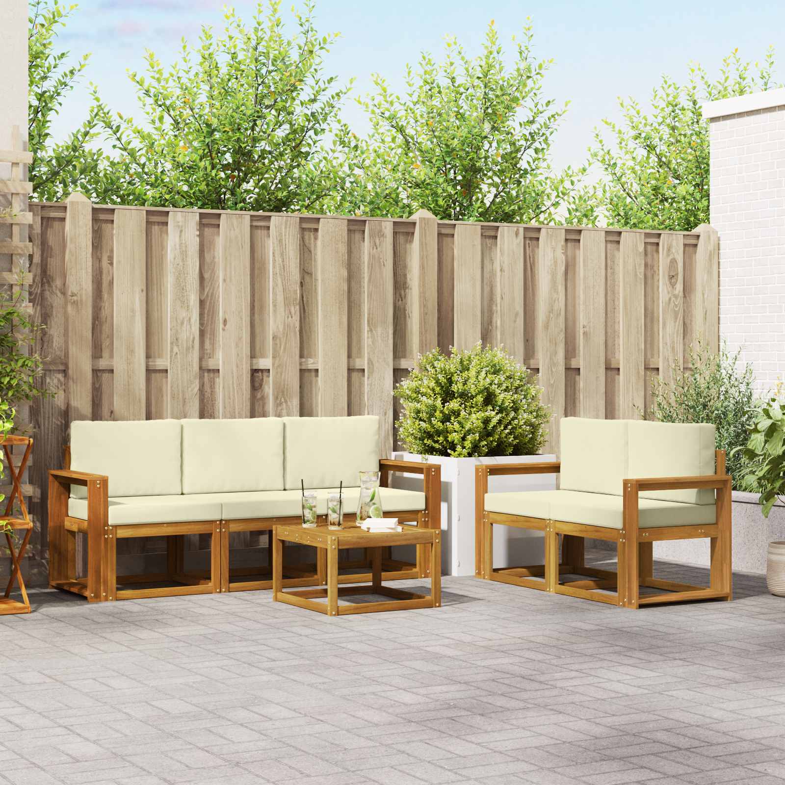 Buiten bankenset met kussen 6 pcs Natuurlijk en Crème