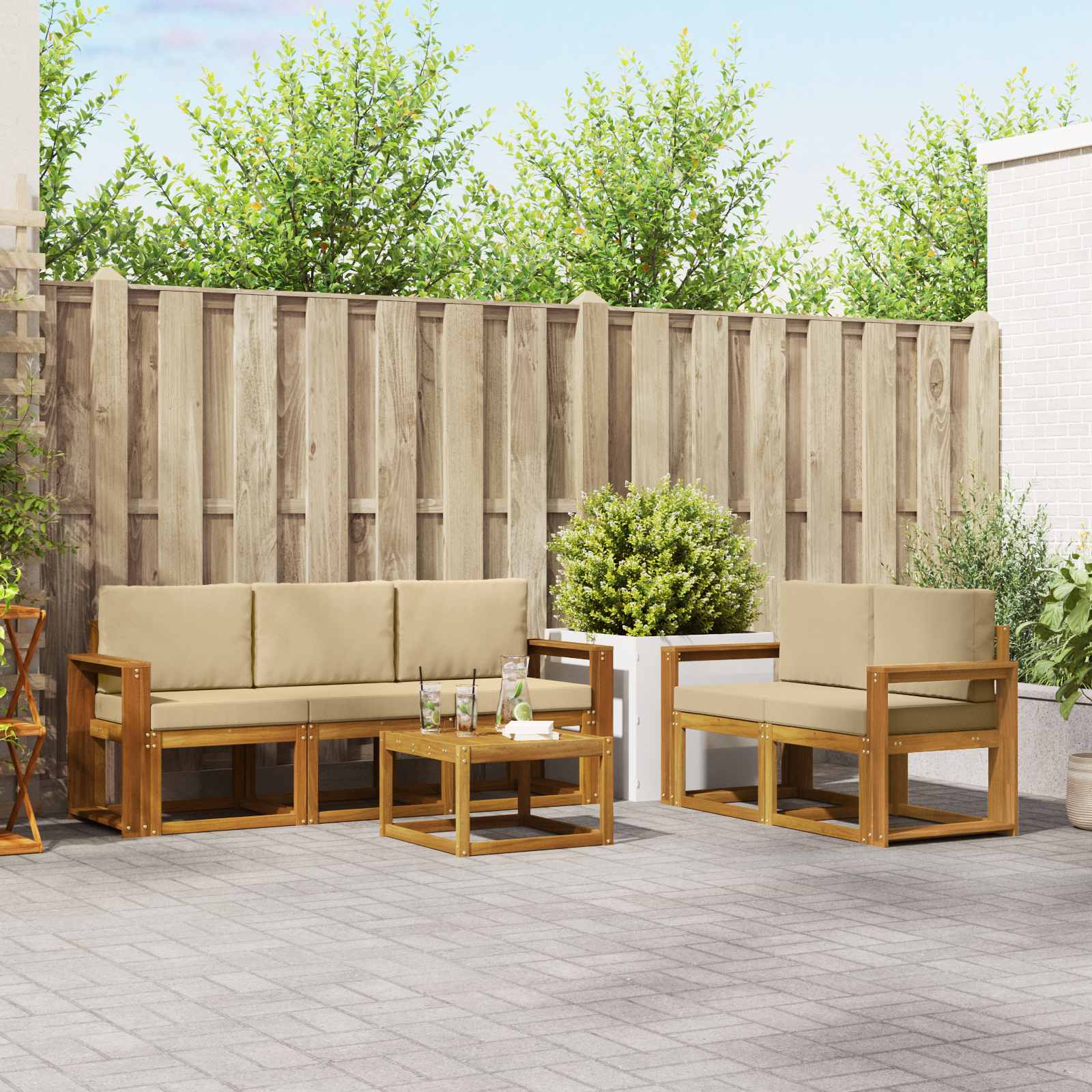 Buiten bankenset met kussen 6 pcs Natuurlijk en Beige