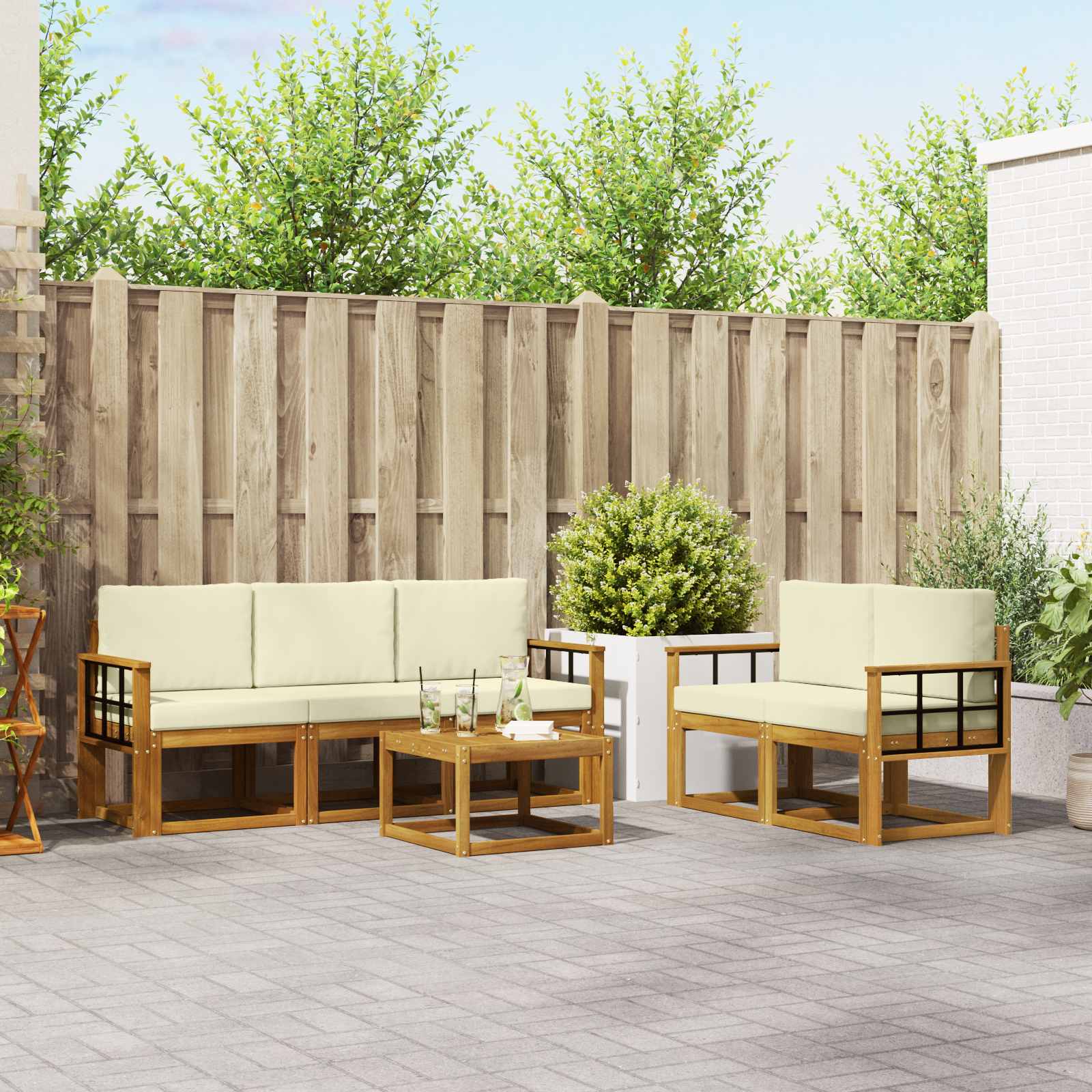 Buiten bankenset met kussen 6 pcs Natuurlijk en Crème – afbeelding 1