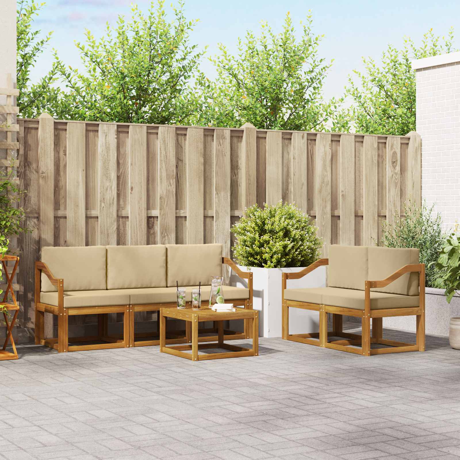 Buiten bankenset met kussen 6 pcs Natuurlijk en Beige