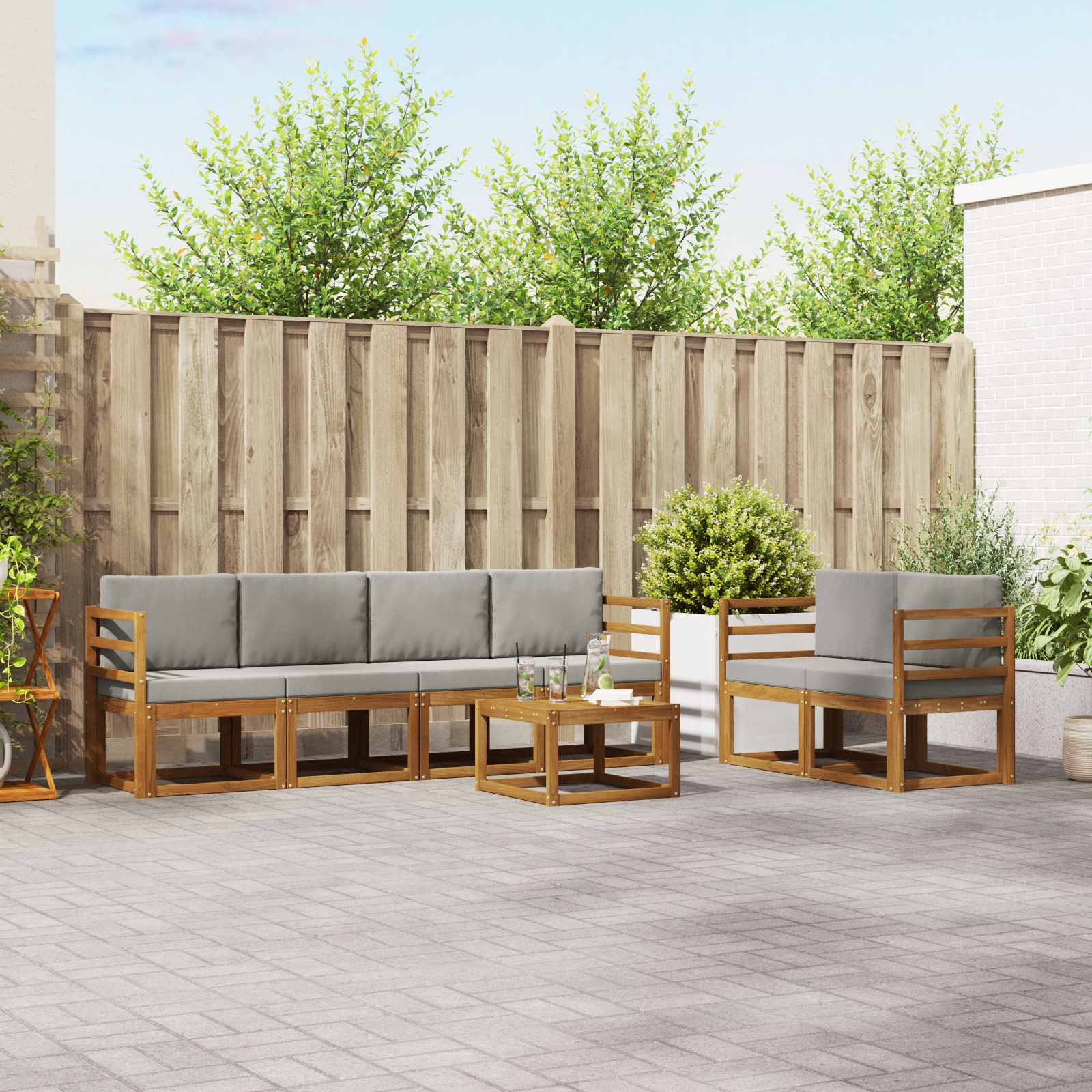 Buiten bankenset 7 pcs Natuurlijk en Lichtgrijs