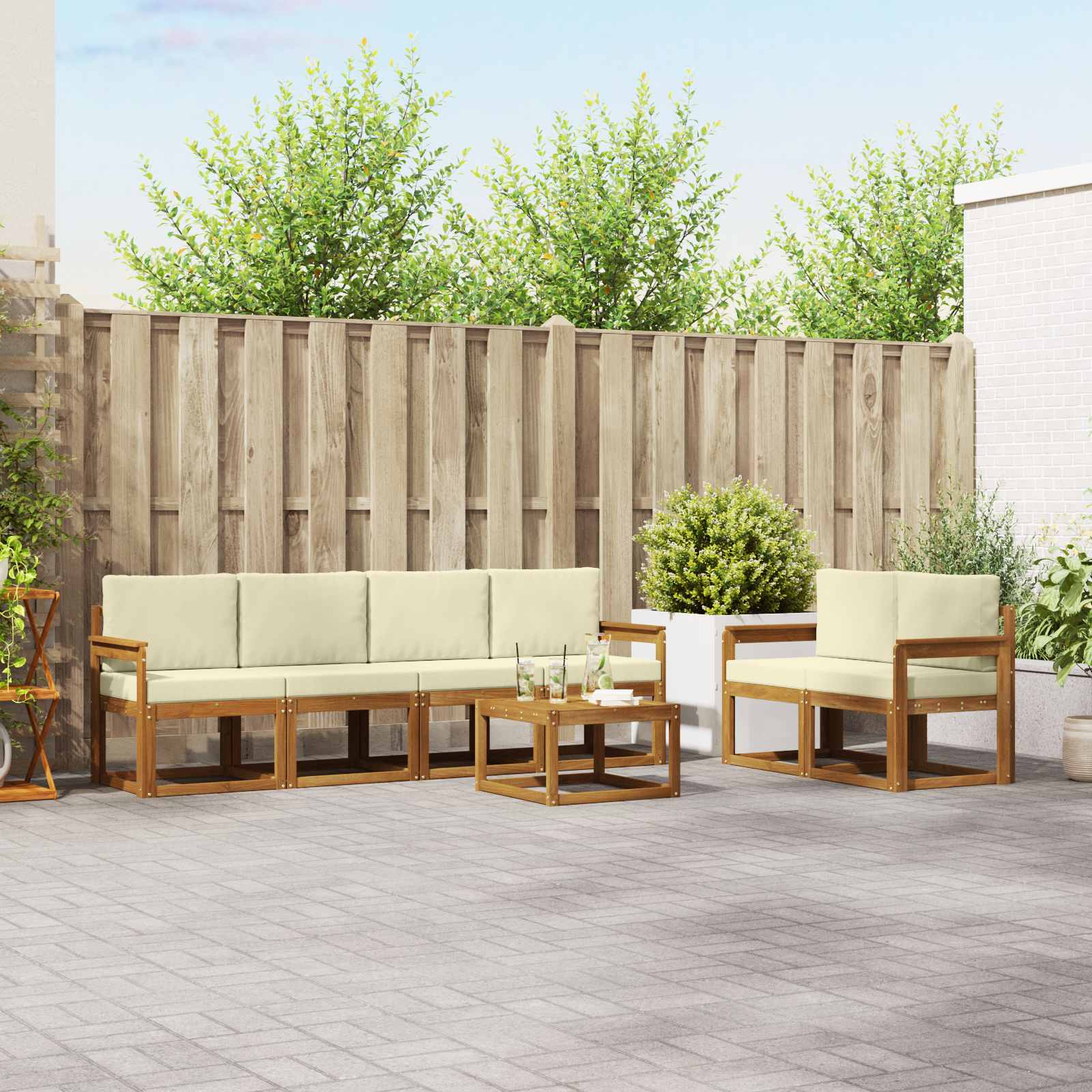 Buiten bankenset met kussen 7 pcs Natuurlijk en Crème – afbeelding 1