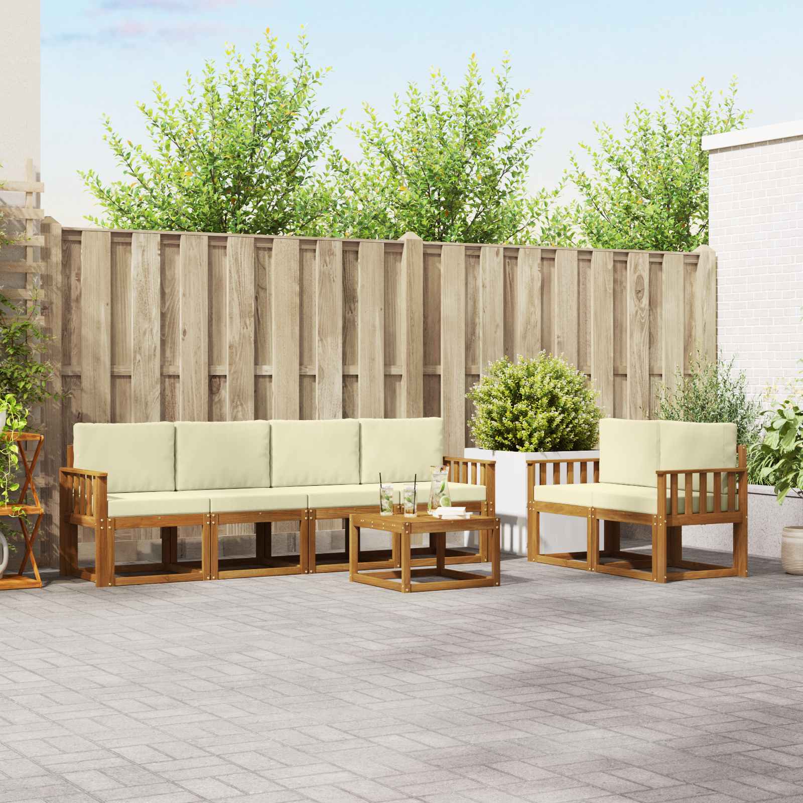 Buiten bankenset met kussen 7 pcs Natuurlijk en Crème