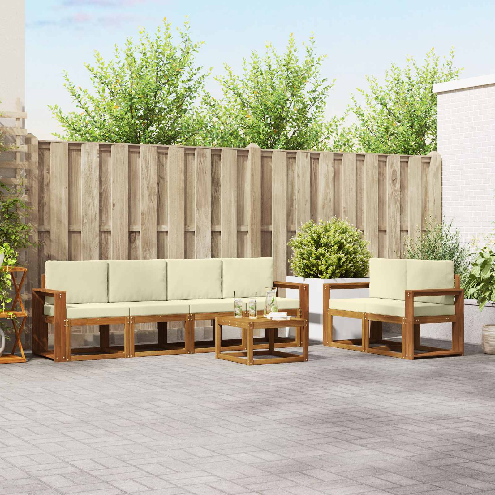 Buiten bankenset met kussen 7 pcs Natuurlijk en Crème