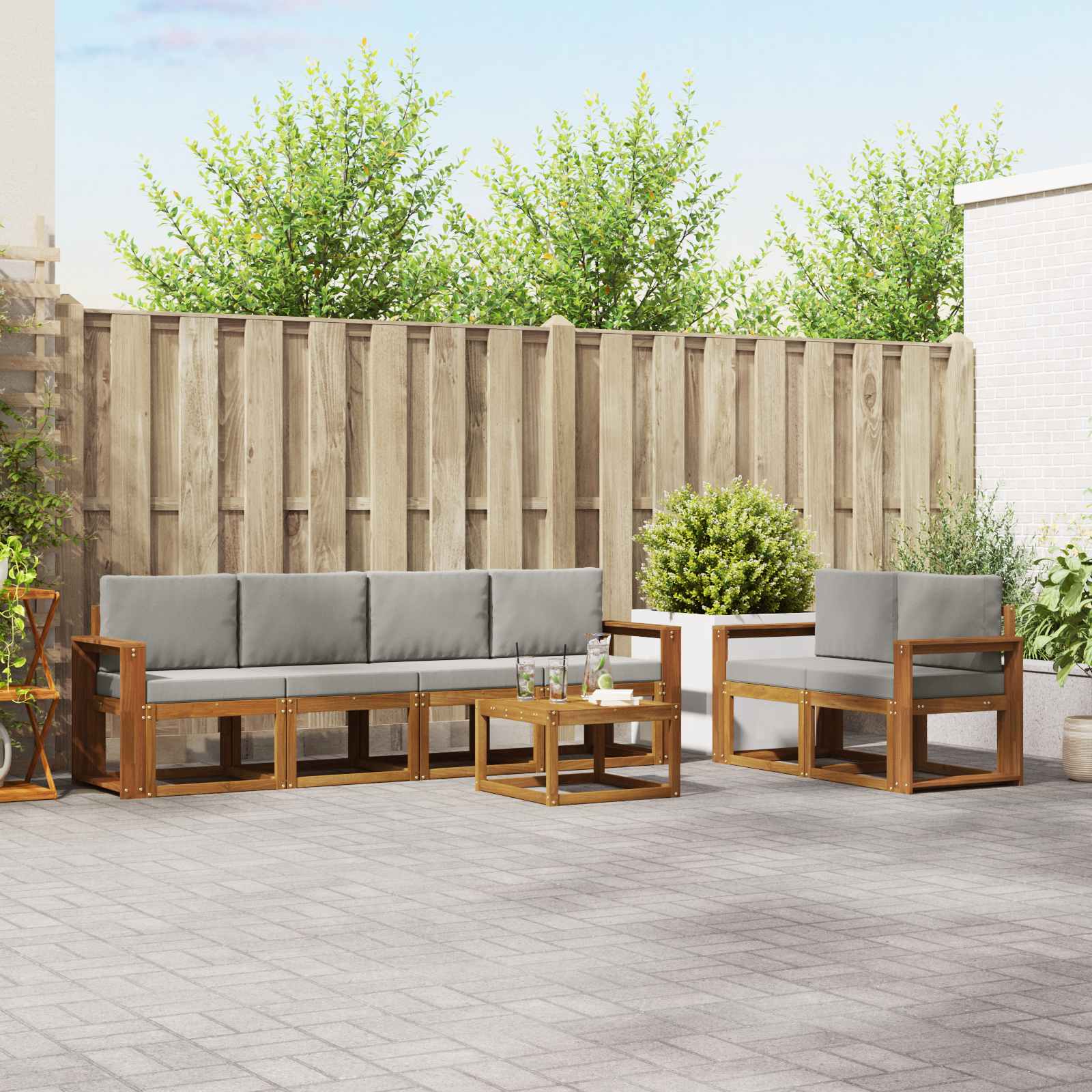 Buiten bankenset met kussen 7 pcs Natuurlijk en Lichtgrijs – afbeelding 1