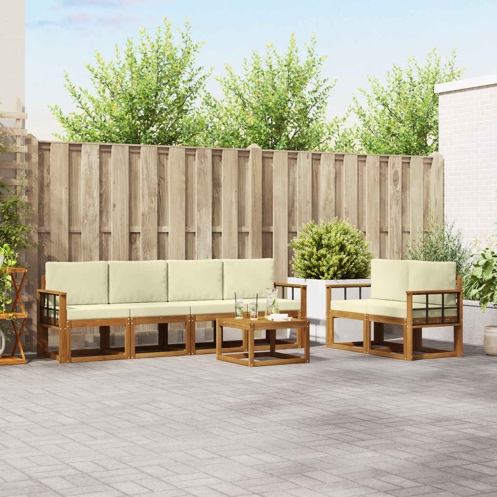 Buiten bankenset met kussen 7 pcs Natuurlijk en Crème – afbeelding 1
