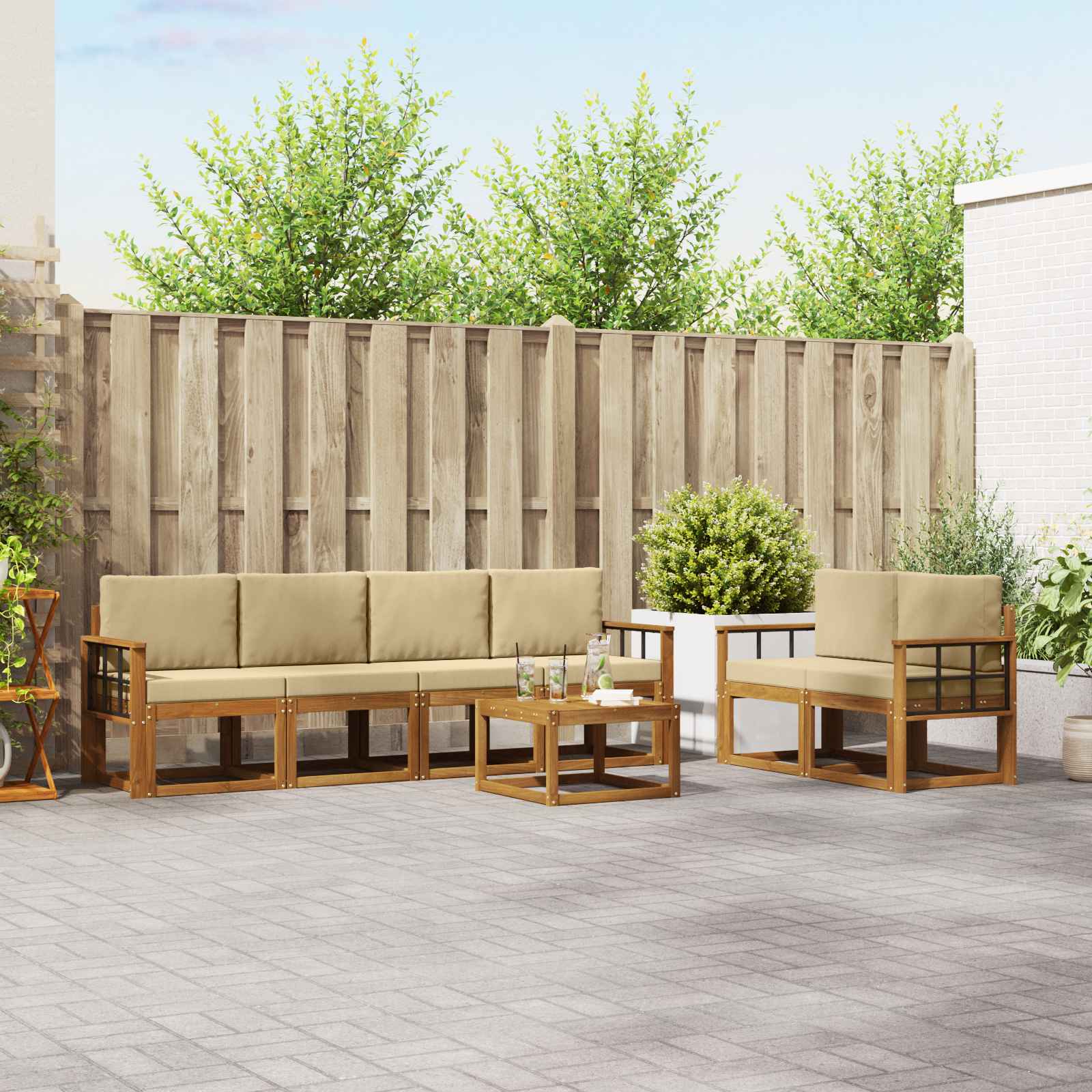 Buiten bankenset met kussen 7 pcs Natuurlijk en Beige