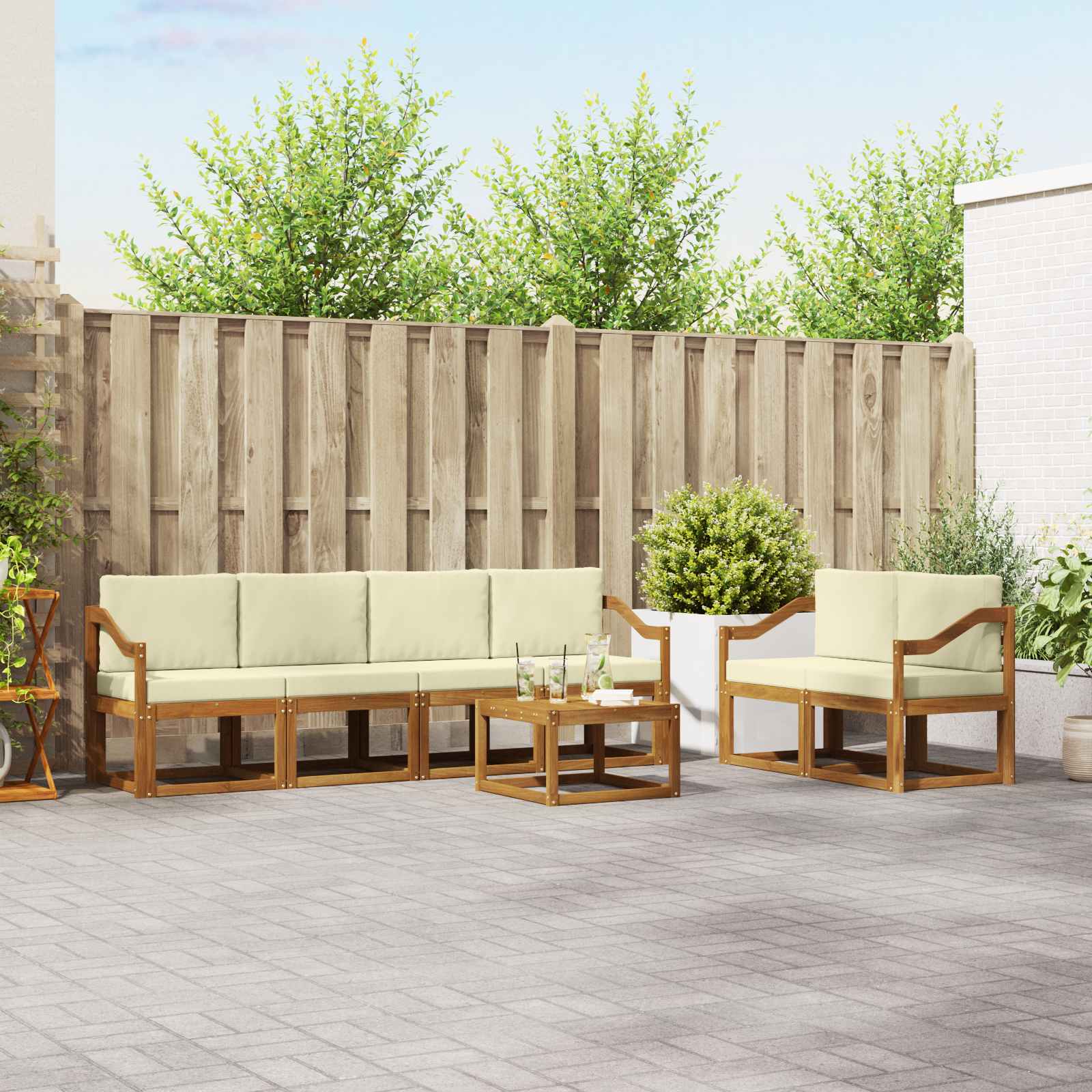Buiten bankenset met kussen 7 pcs Natuurlijk en Crème