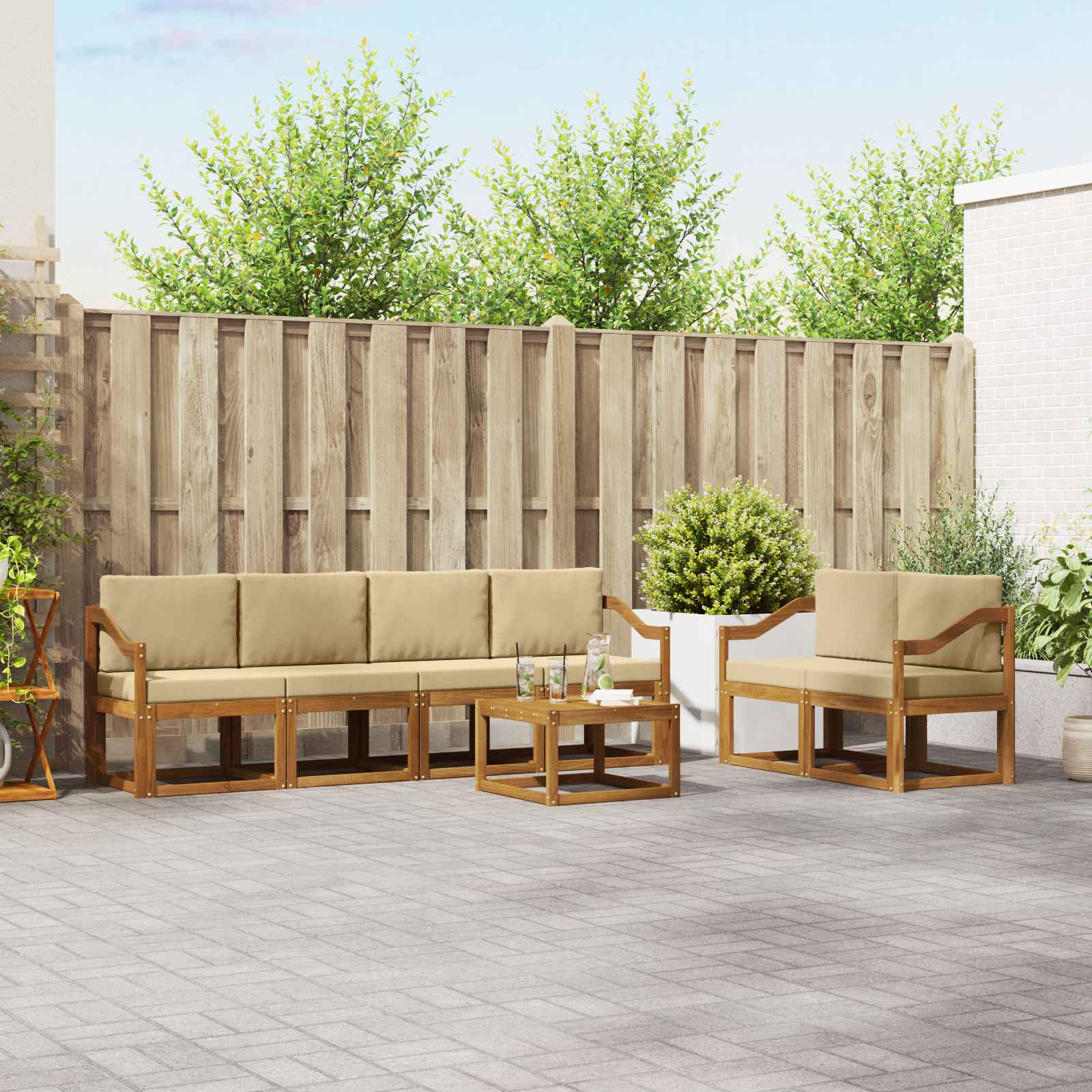 Buiten bankenset met kussen 7 pcs Natuurlijk en Beige