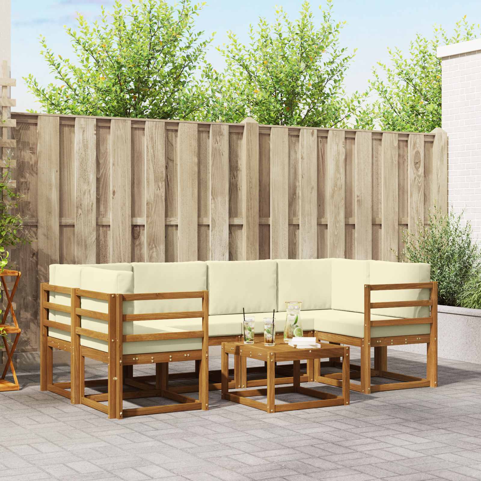 Buiten bankenset met kussen 7 pcs Natuurlijk en Crème