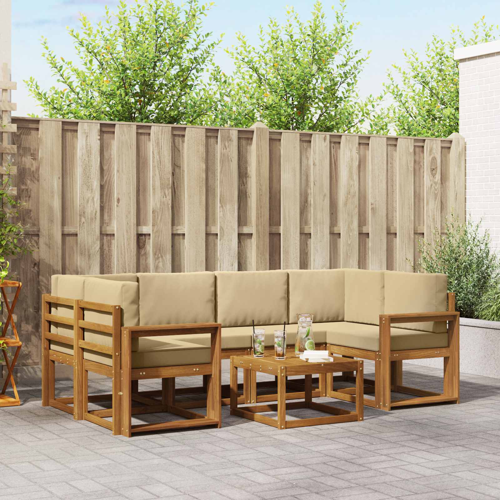 Buiten bankenset met kussen 7 pcs Natuurlijk en Beige