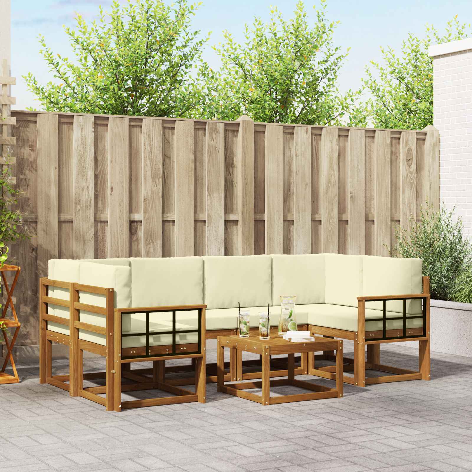 Buiten bankenset met kussen 7 pcs Natuurlijk en Crème – afbeelding 1