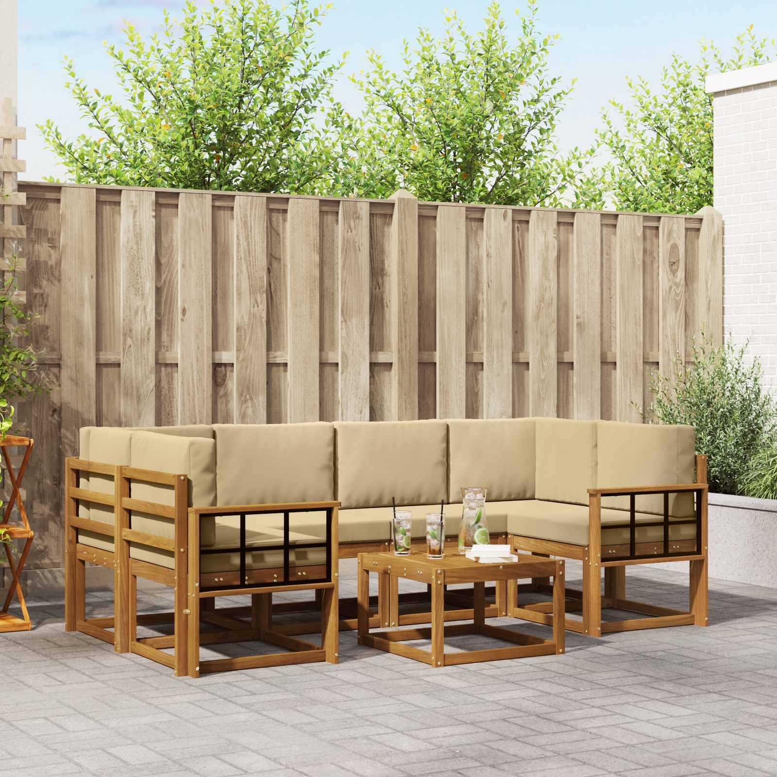 Buiten bankenset met kussen 7 pcs Natuurlijk en Beige