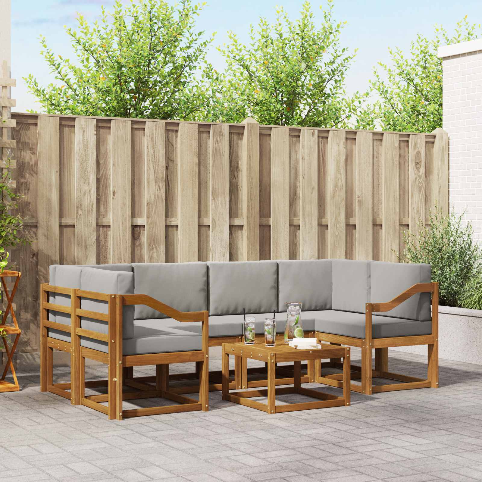 Buiten bankenset met kussen 7 pcs Natuurlijk en Lichtgrijs – afbeelding 1