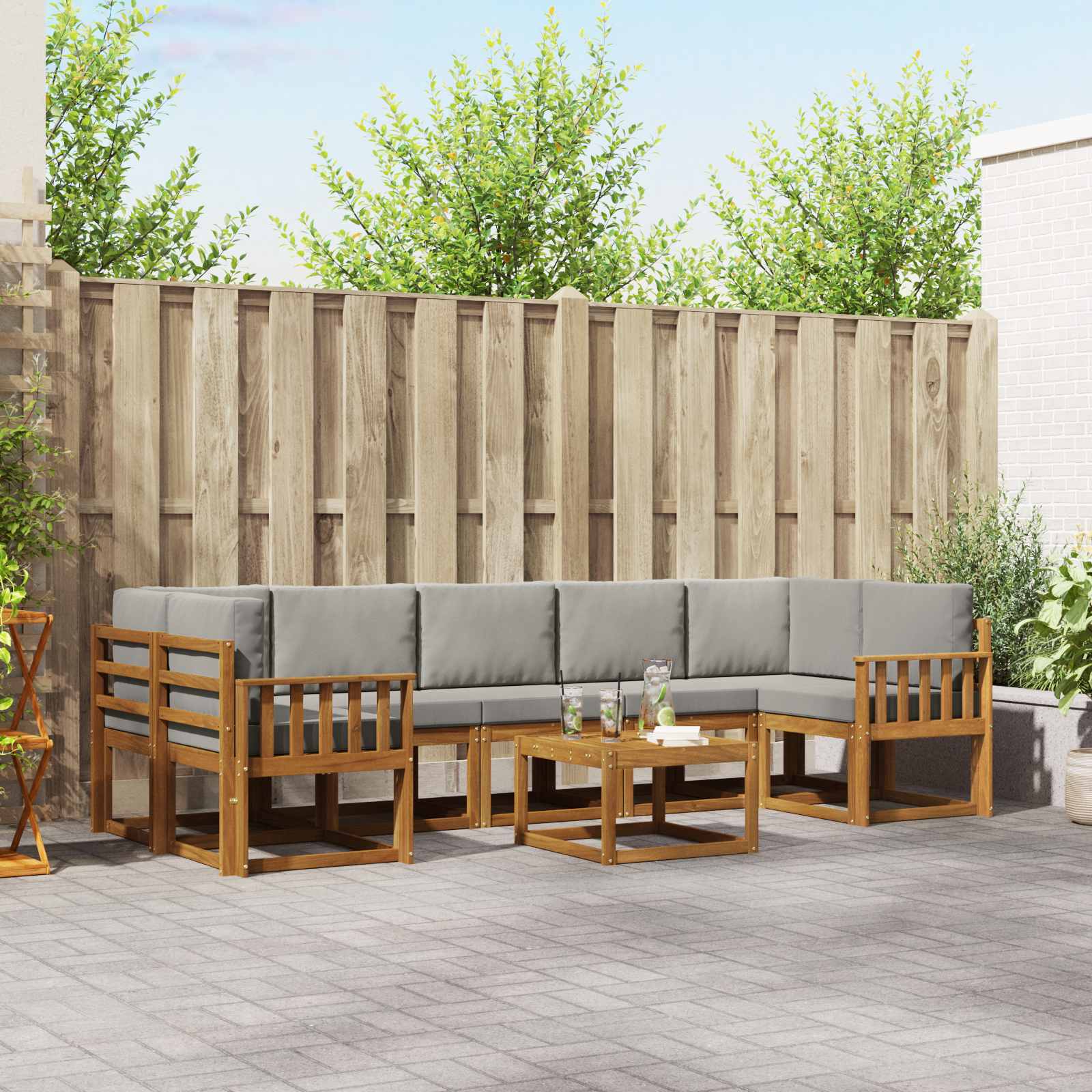Buiten bankenset met kussen 8 pcs Natuurlijk en Lichtgrijs