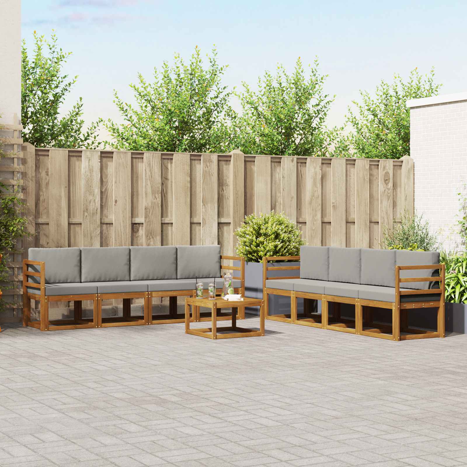 Buiten bankenset met kussen 9 pcs Natuurlijk en Lichtgrijs
