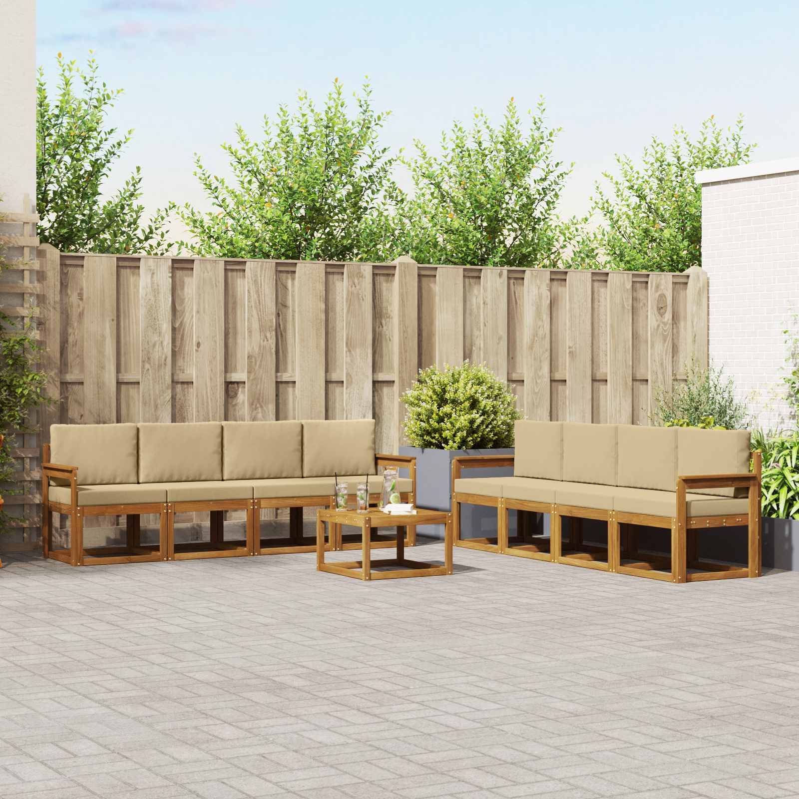 Buiten bankenset met kussen 9 pcs Natuurlijk en Beige