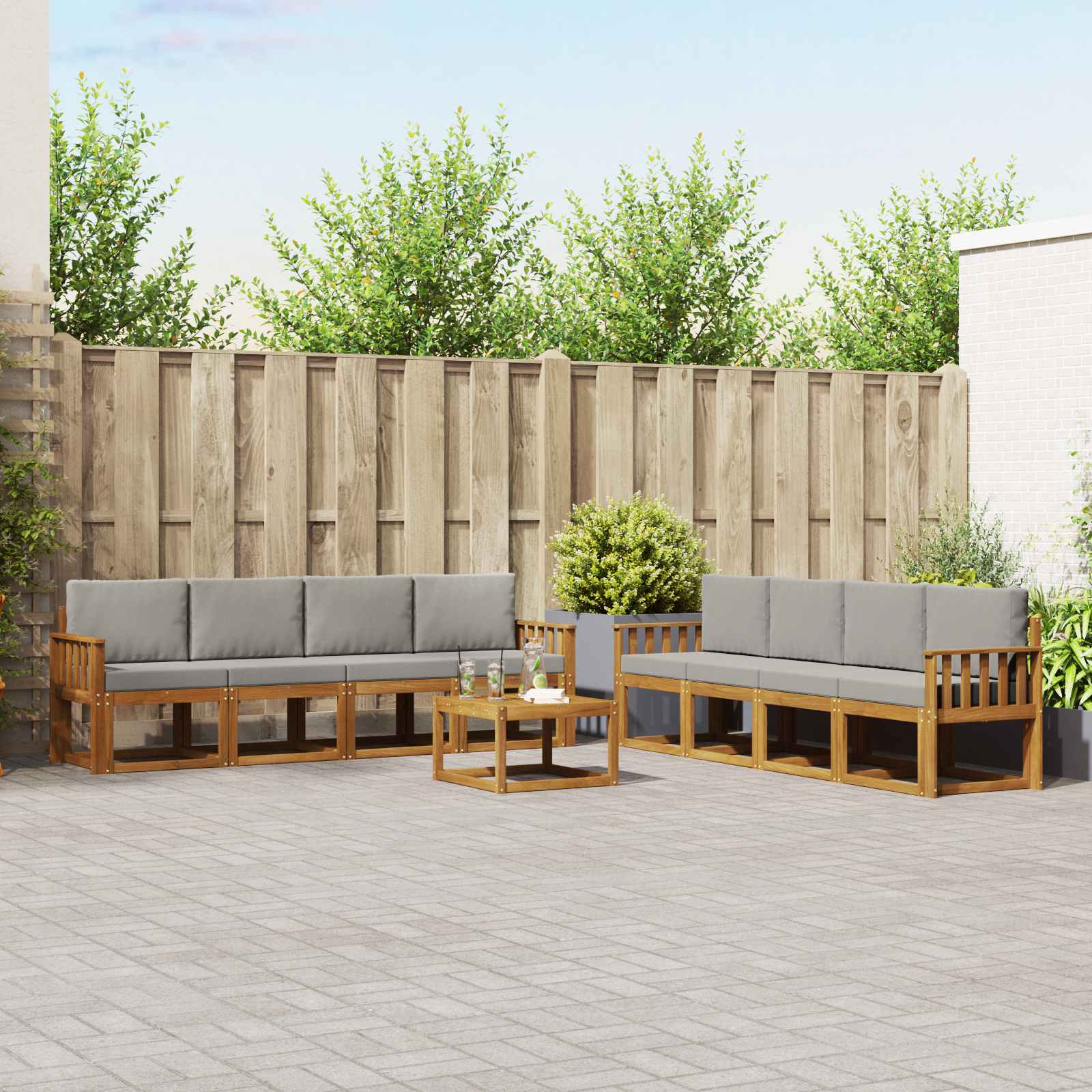 Buiten bankenset met kussen 9 pcs Natuurlijk en Lichtgrijs – afbeelding 1