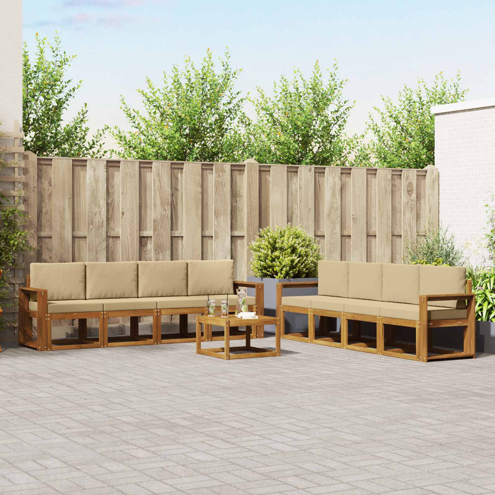 Buiten bankenset met kussen 9 pcs Natuurlijk en Beige