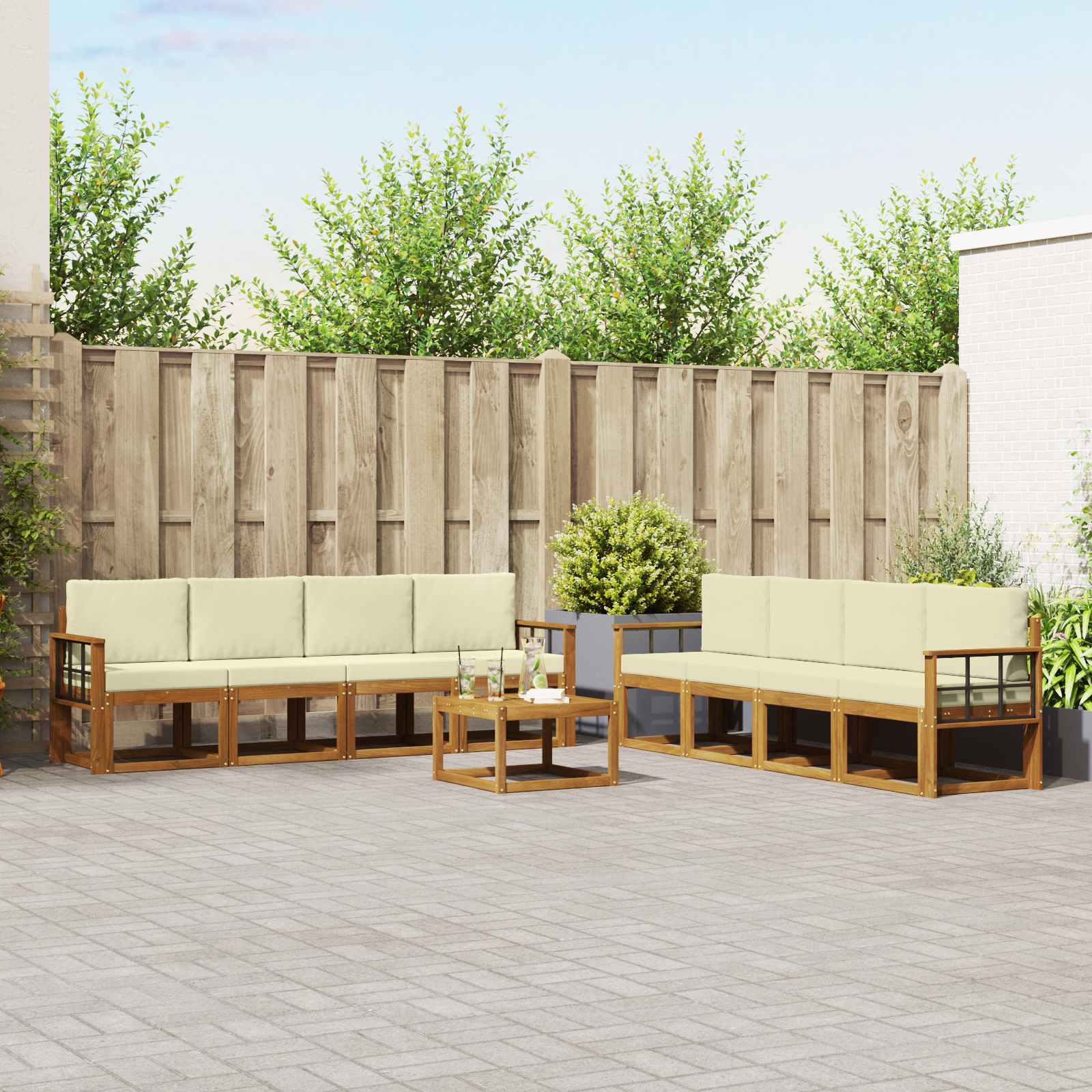 Buiten bankenset met kussen 9 pcs Natuurlijk en Crème – afbeelding 1