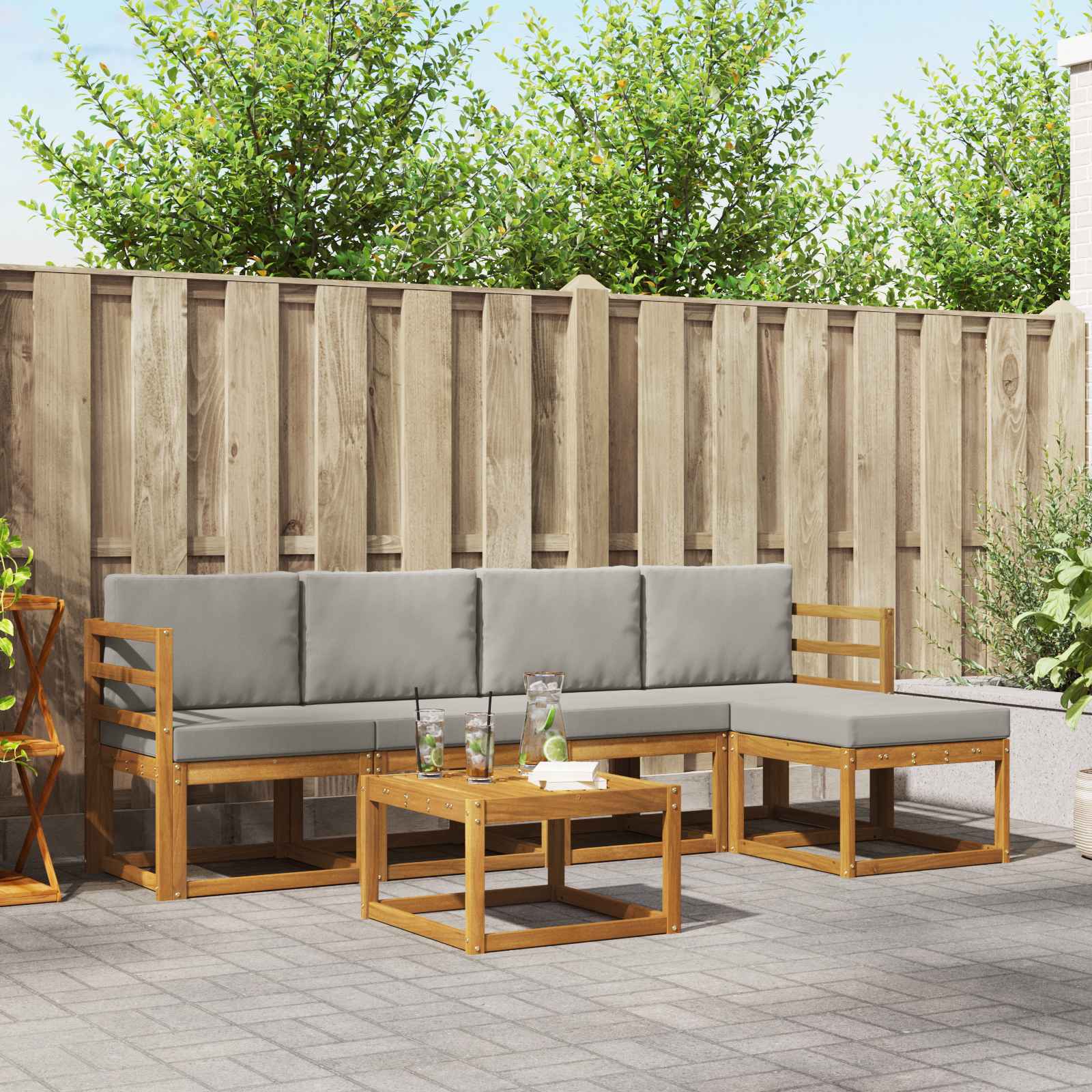 Buiten bankenset met kussen 6 pcs Natuurlijk en Lichtgrijs
