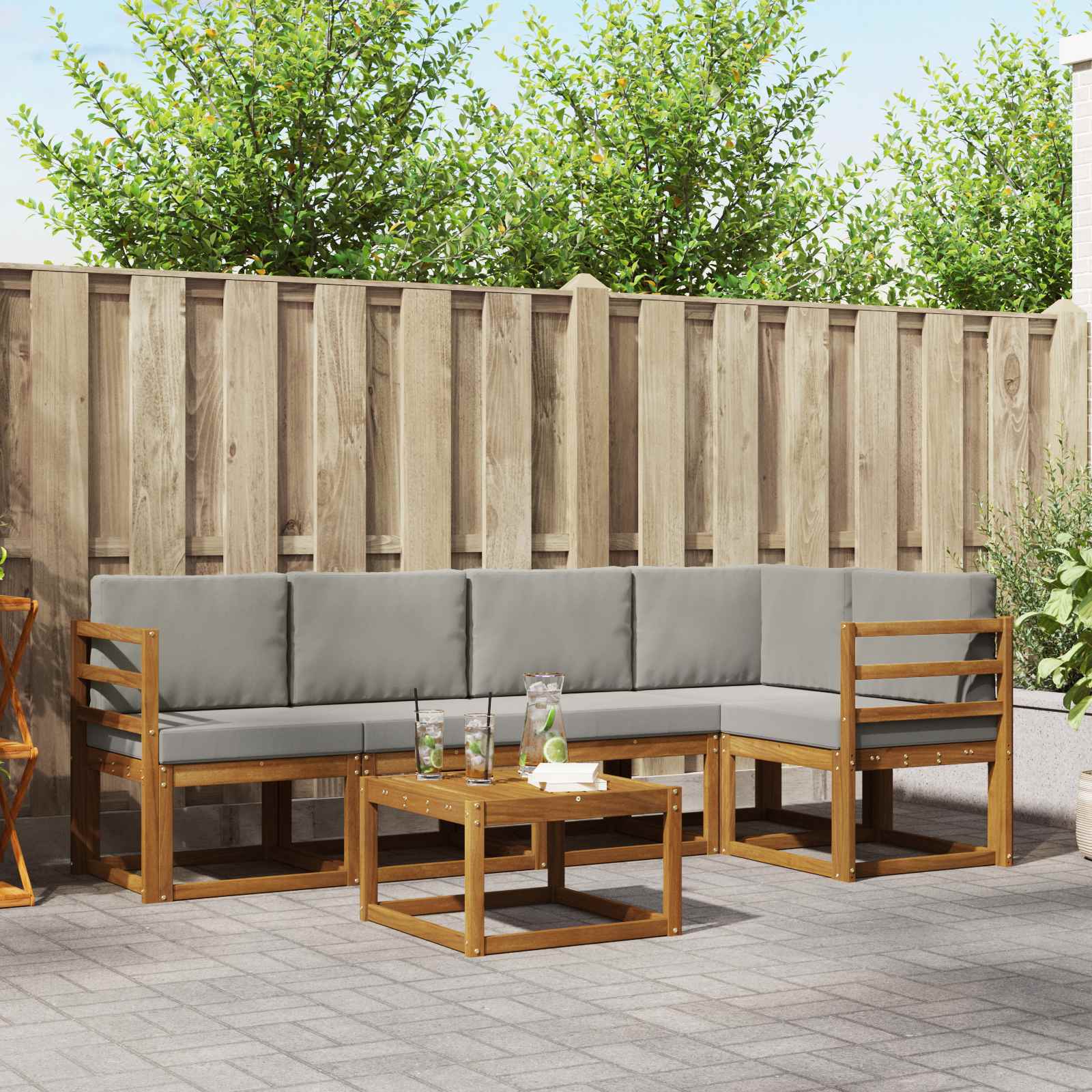 Buiten bankenset met kussen 6 pcs Natuurlijk en Lichtgrijs