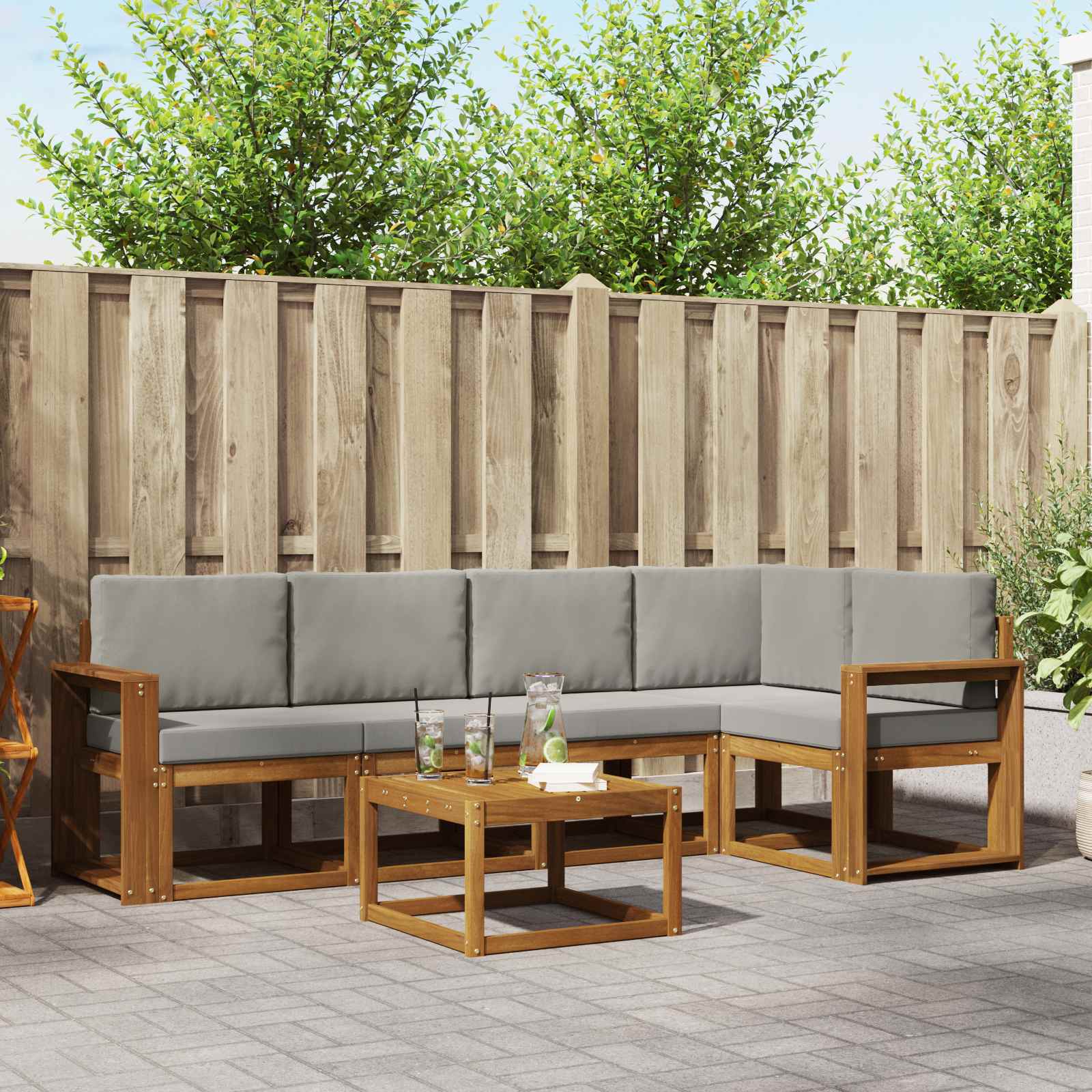 Buiten bankenset met kussen 6 pcs Natuurlijk en Lichtgrijs