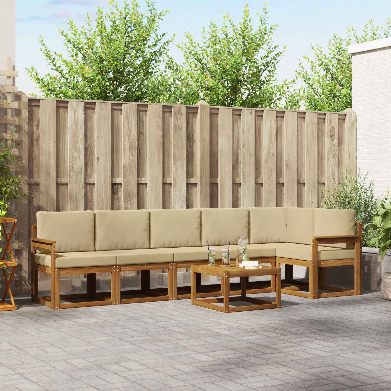 Buiten bankenset met kussen 7 pcs Natuurlijk en Beige