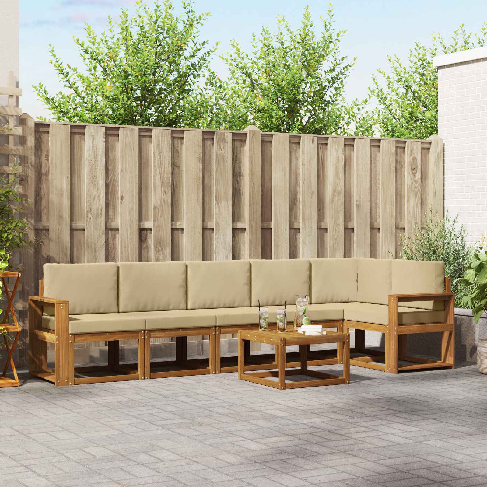 Buiten bankenset met kussen 7 pcs Natuurlijk en Beige