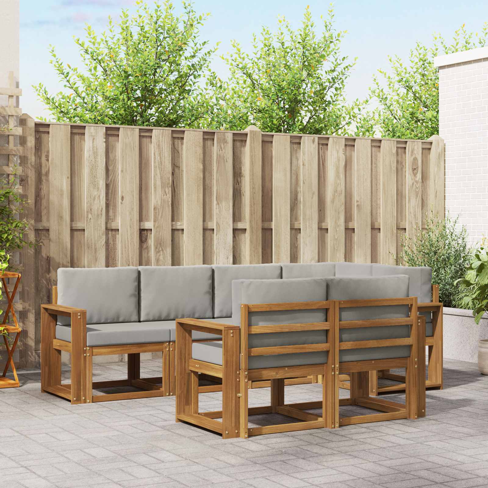 Buiten bankenset met kussen 7 pcs Natuurlijk en Lichtgrijs