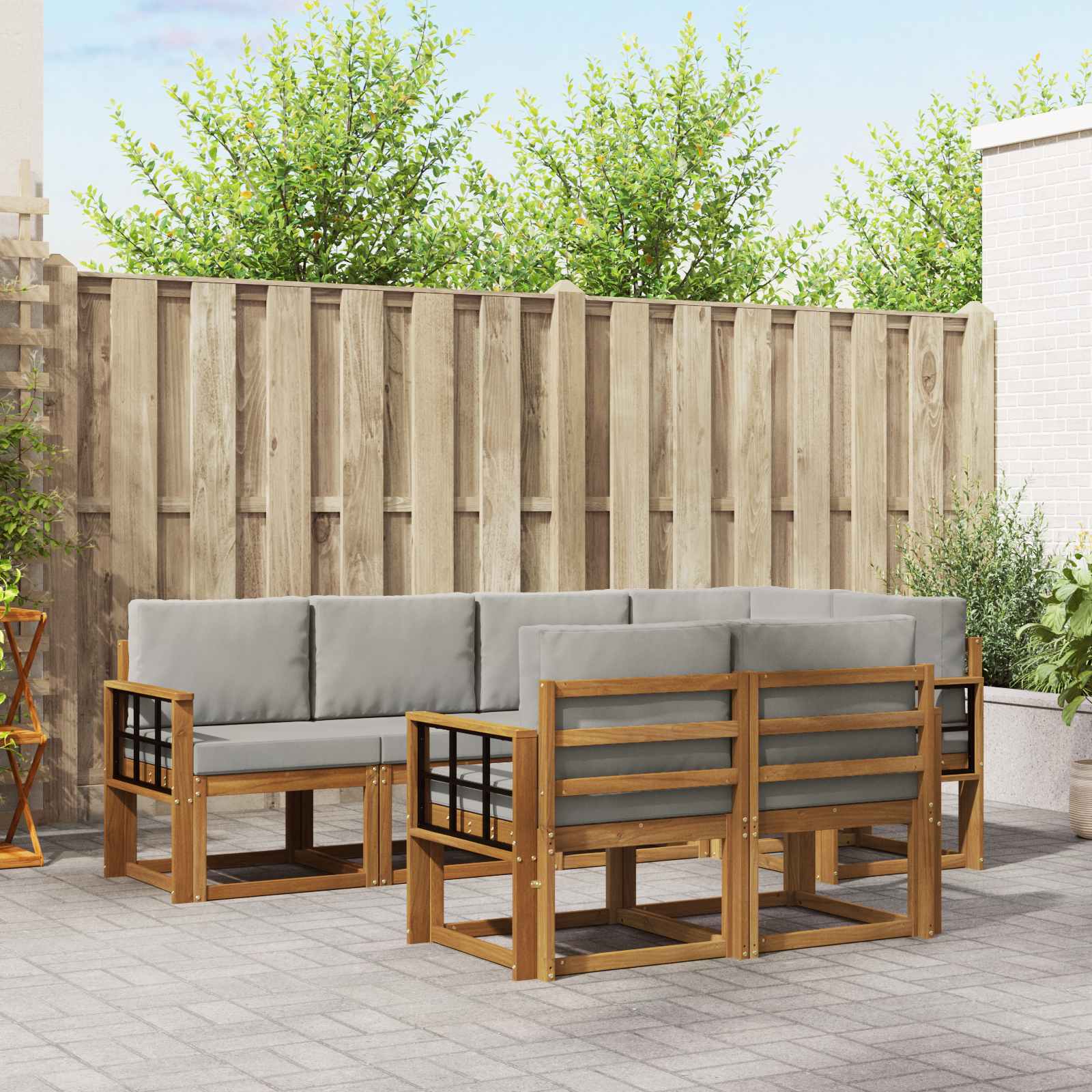 Buiten bankenset met kussen 7 pcs Natuurlijk en Lichtgrijs