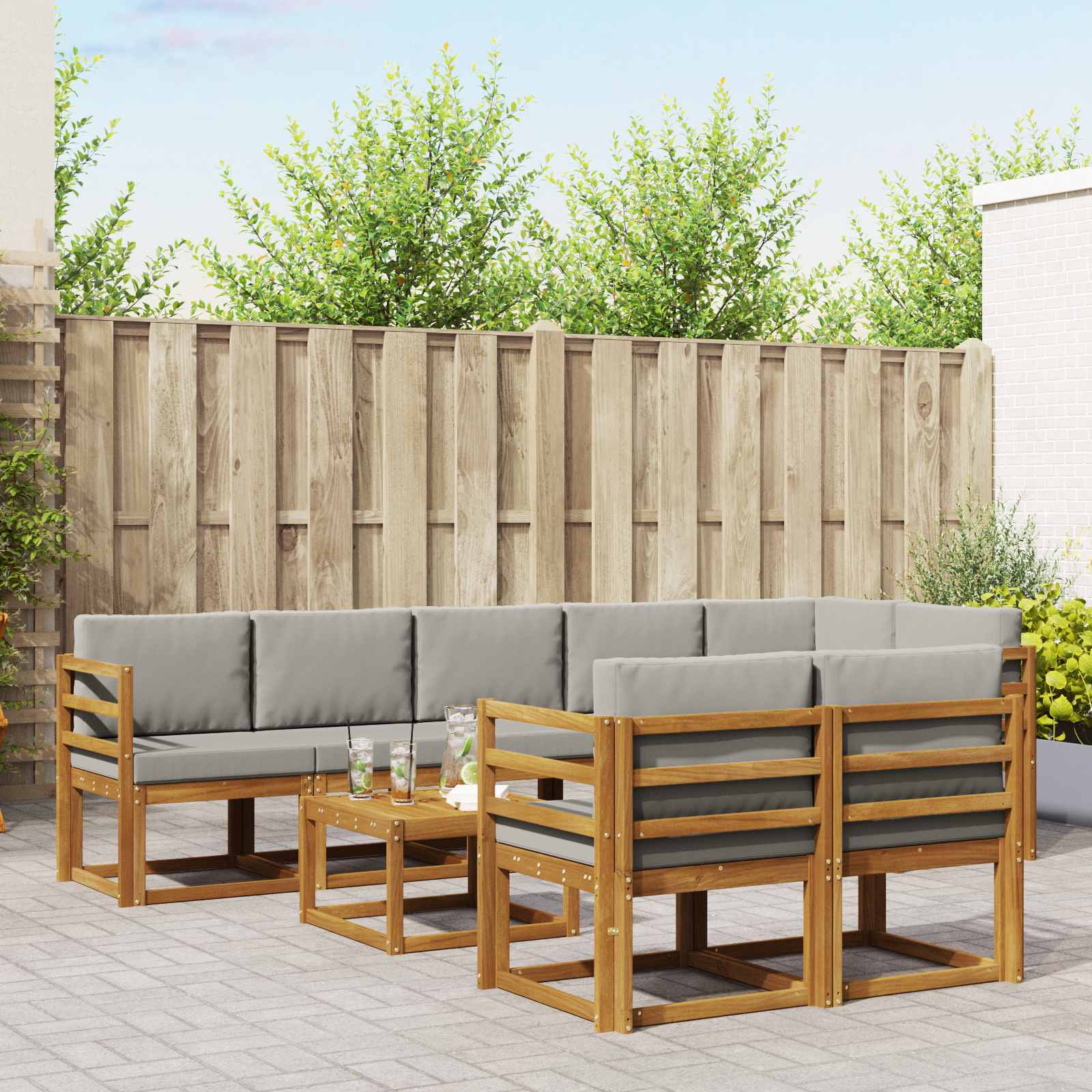 Buiten bankenset met kussen 9 pcs Natuurlijk en Lichtgrijs – afbeelding 1