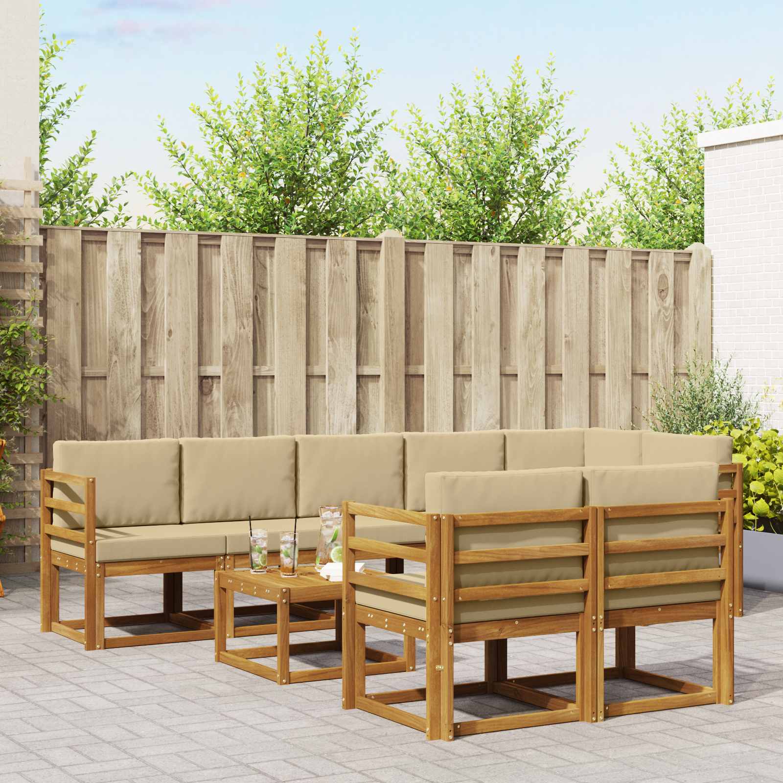 Buiten bankenset met kussen 9 pcs Natuurlijk en Beige
