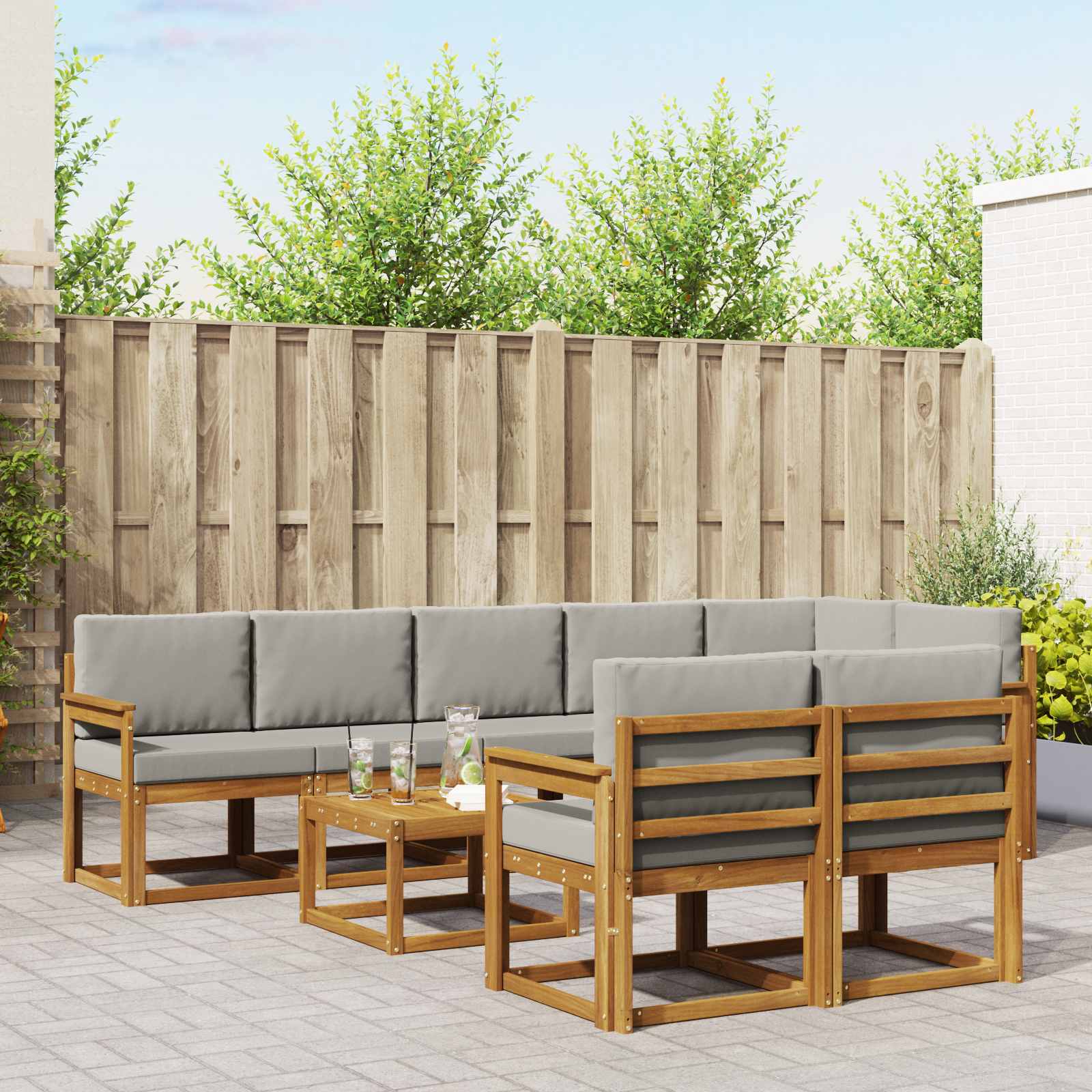 Buiten bankenset met kussen 9 pcs Natuurlijk en Lichtgrijs