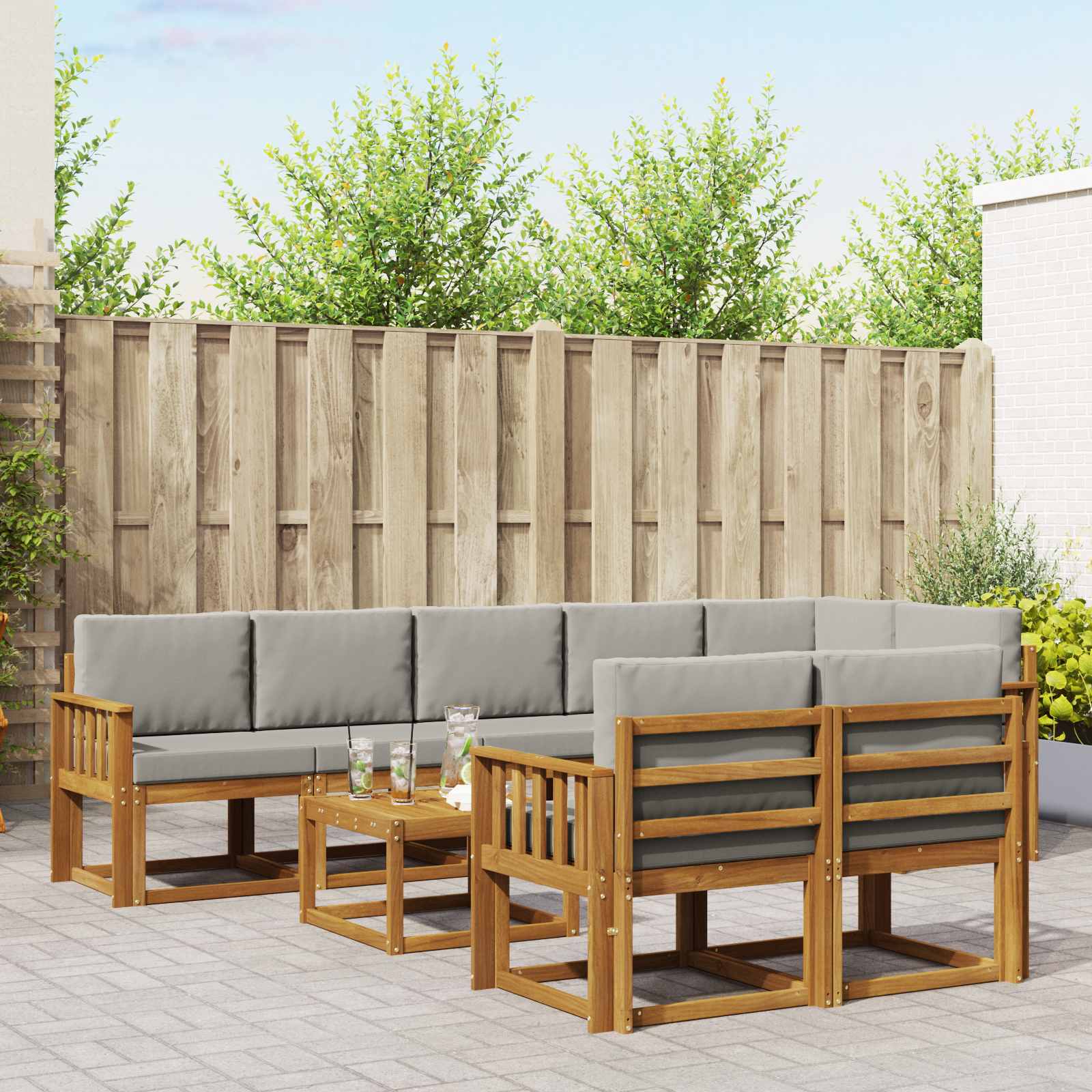 Buiten bankenset met kussen 9 pcs Natuurlijk en Lichtgrijs