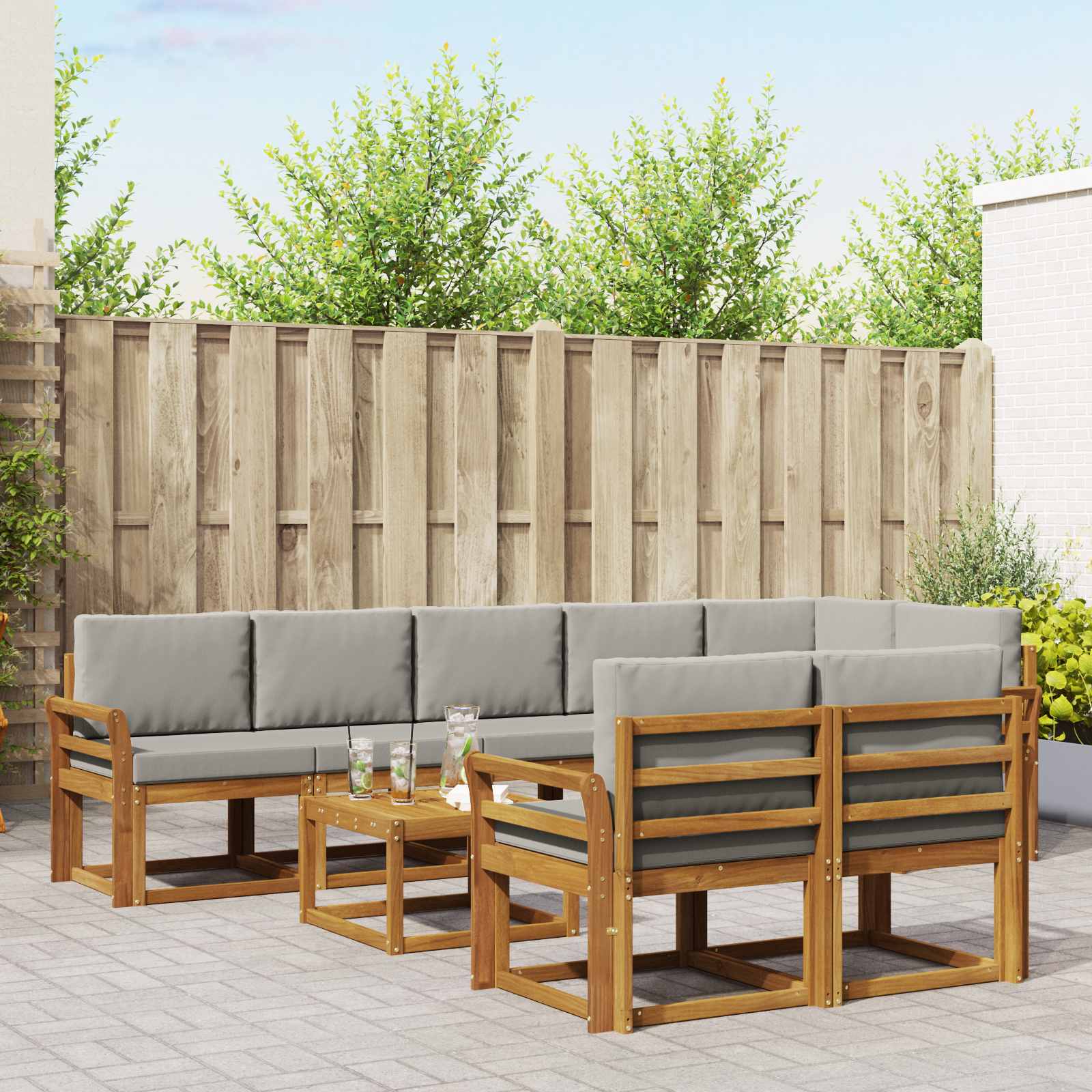 Buiten bankenset met kussen 9 pcs Natuurlijk en Lichtgrijs
