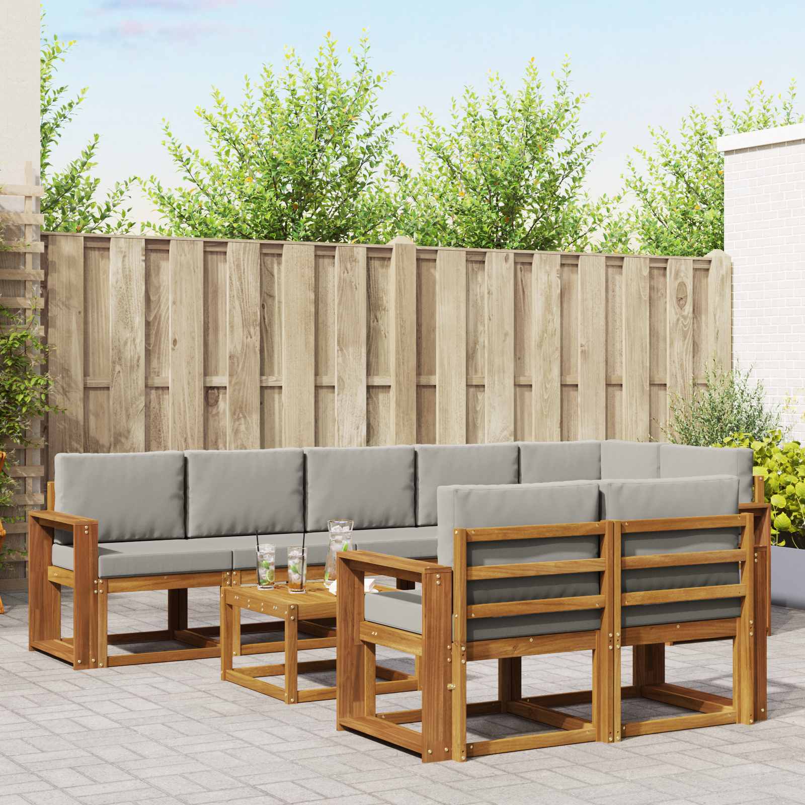 Buiten bankenset met kussen 9 pcs Natuurlijk en Lichtgrijs – afbeelding 1