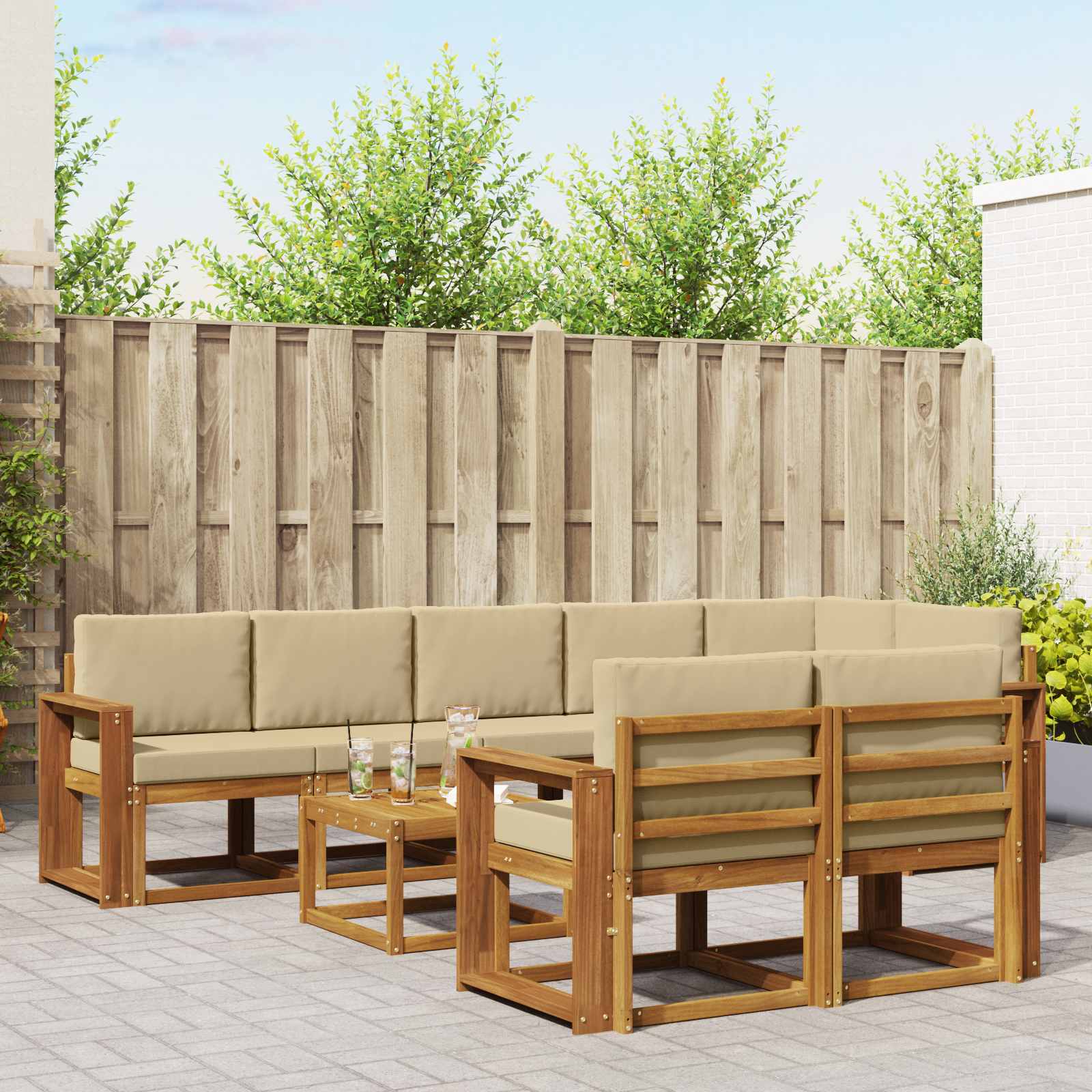 Buiten bankenset met kussen 9 pcs Natuurlijk en Beige