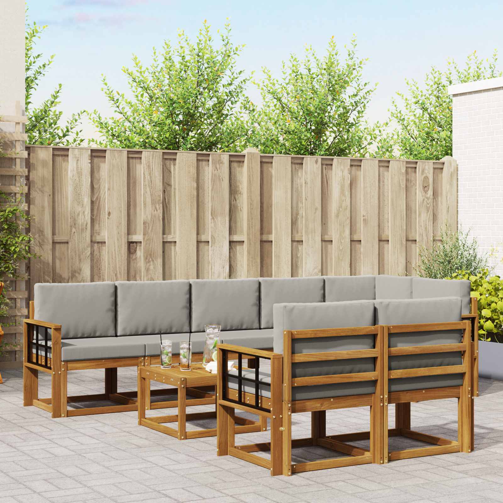 Buiten bankenset met kussen 9 pcs Natuurlijk en Lichtgrijs – afbeelding 1