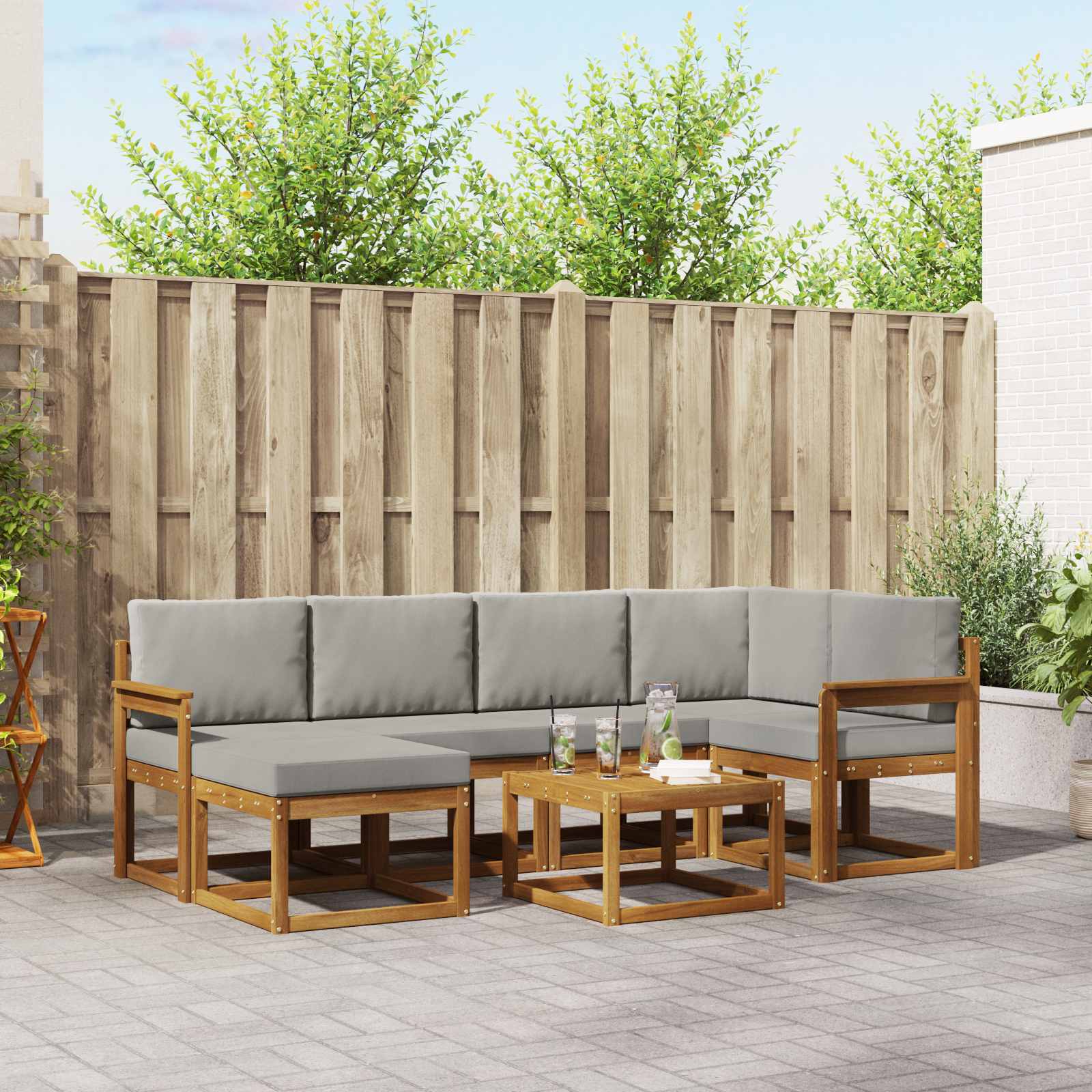 Buiten bankenset met kussen 7 pcs Natuurlijk en Lichtgrijs – afbeelding 1