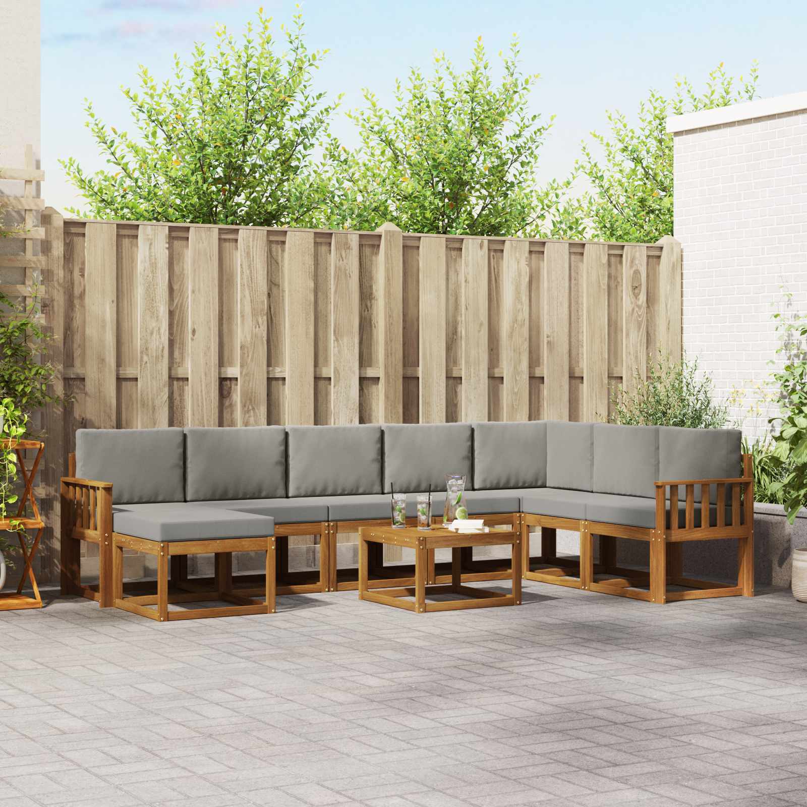 Buiten bankenset met kussen 9 pcs Natuurlijk en Lichtgrijs – afbeelding 1