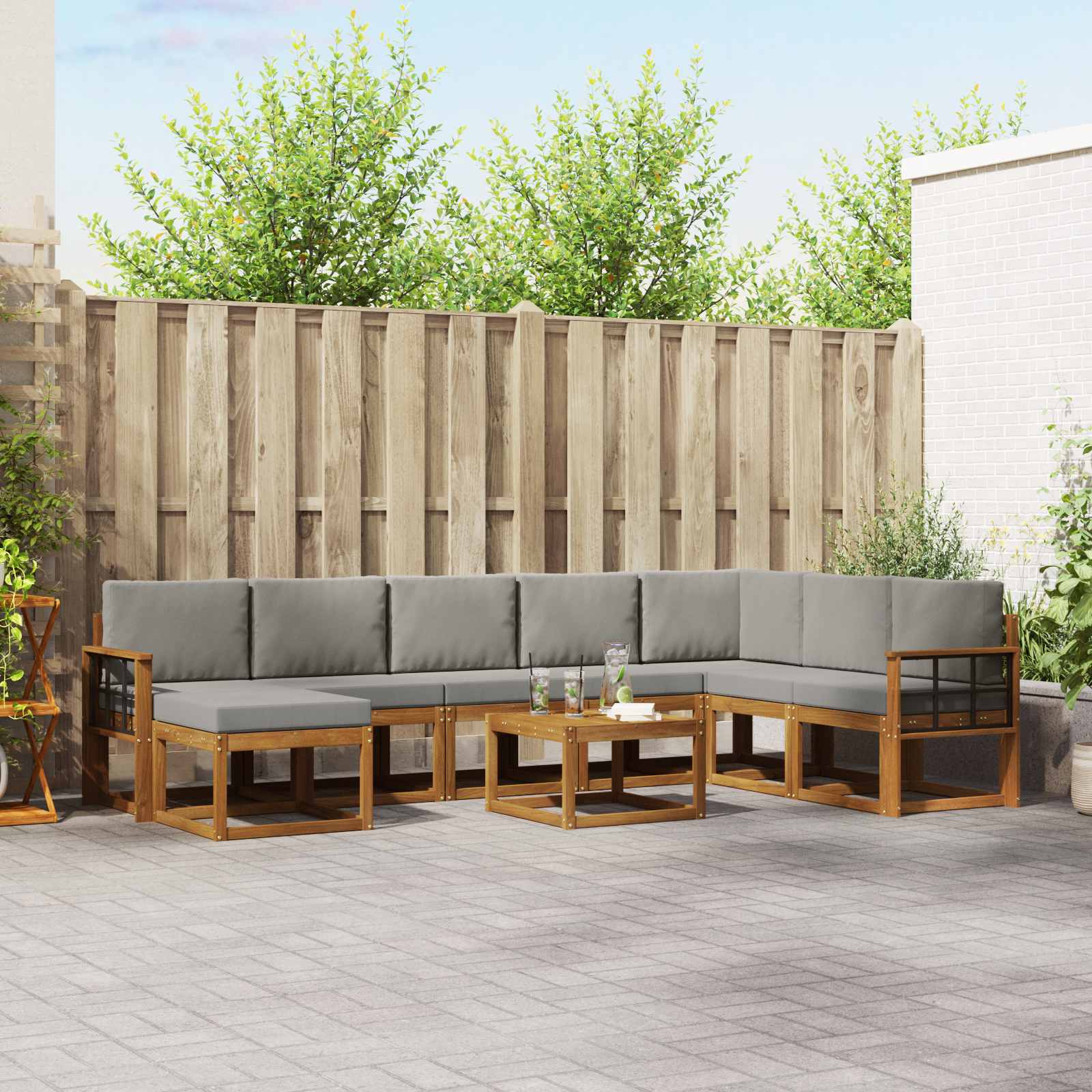 Buiten bankenset met kussen 9 pcs Natuurlijk en Lichtgrijs – afbeelding 1