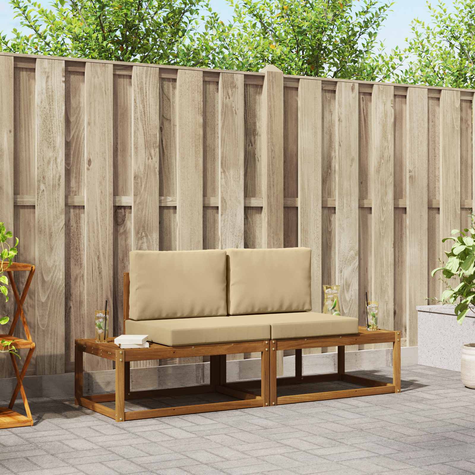 Buiten bankenset 2 pcs Naturel Massief Acaciahout en Polyester – afbeelding 1