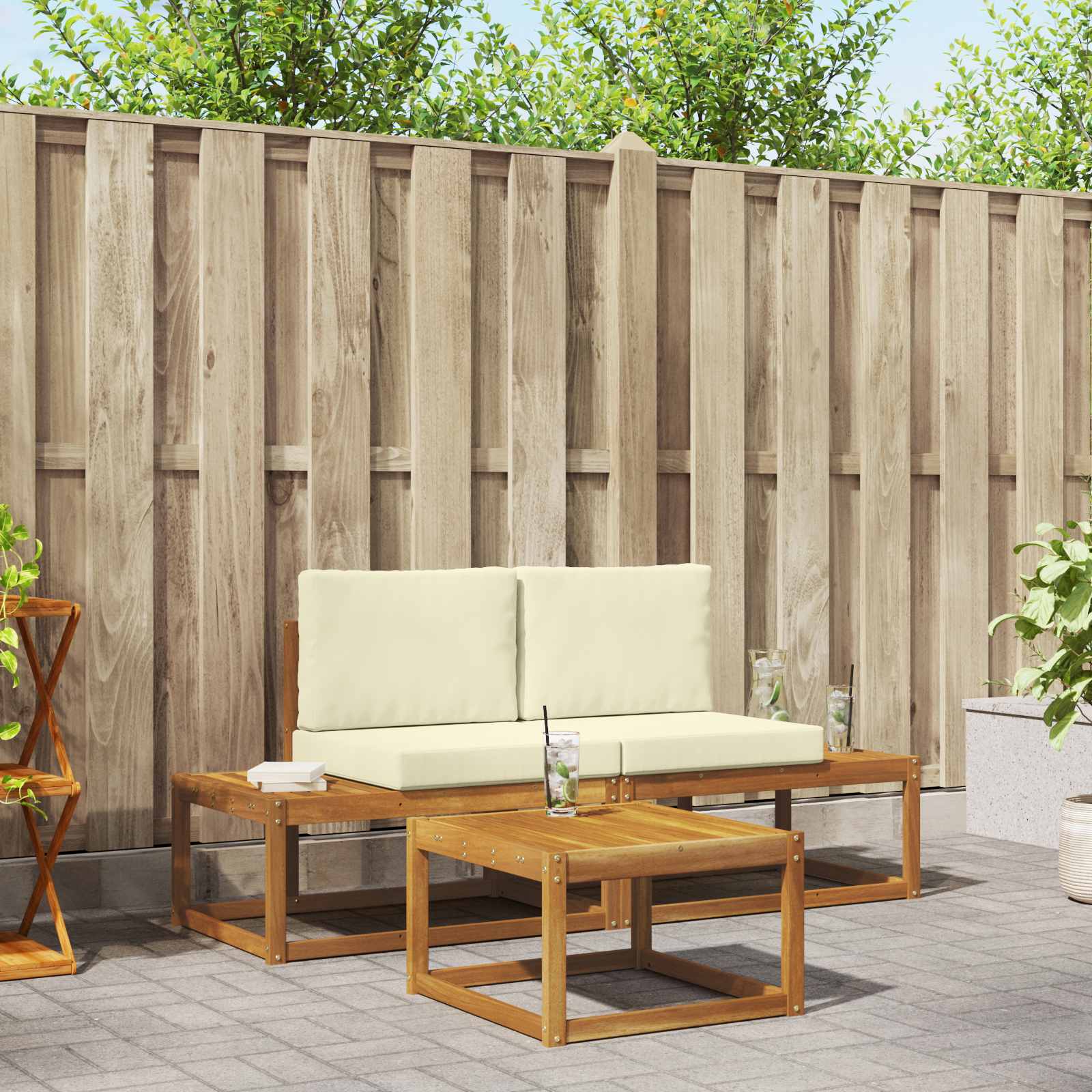 Buiten bankenset 3 pcs Naturel Massief Acaciahout en Polyester – afbeelding 1