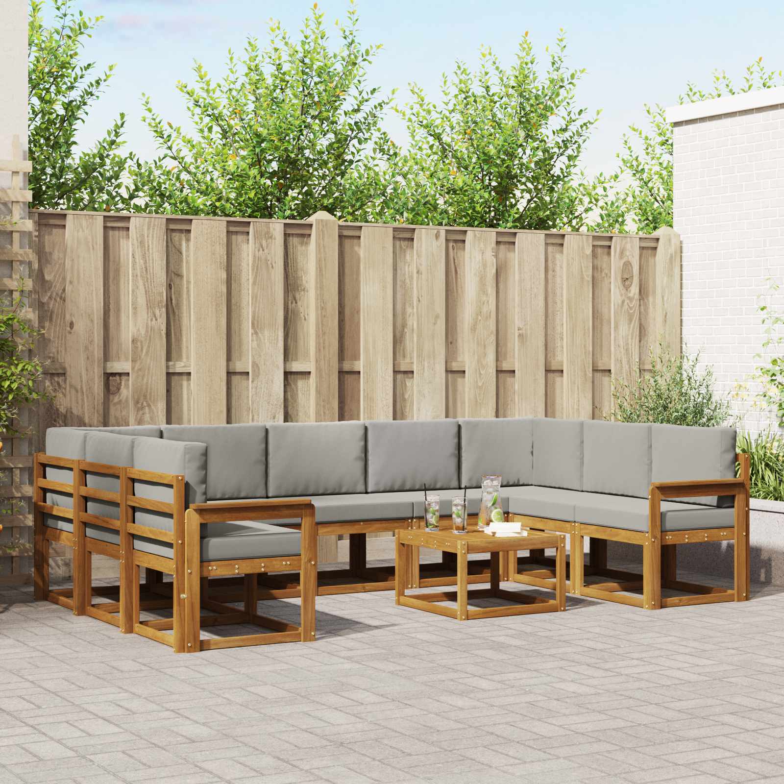 Buiten bankenset met kussen 10 pcs Natuurlijk en Lichtgrijs – afbeelding 1