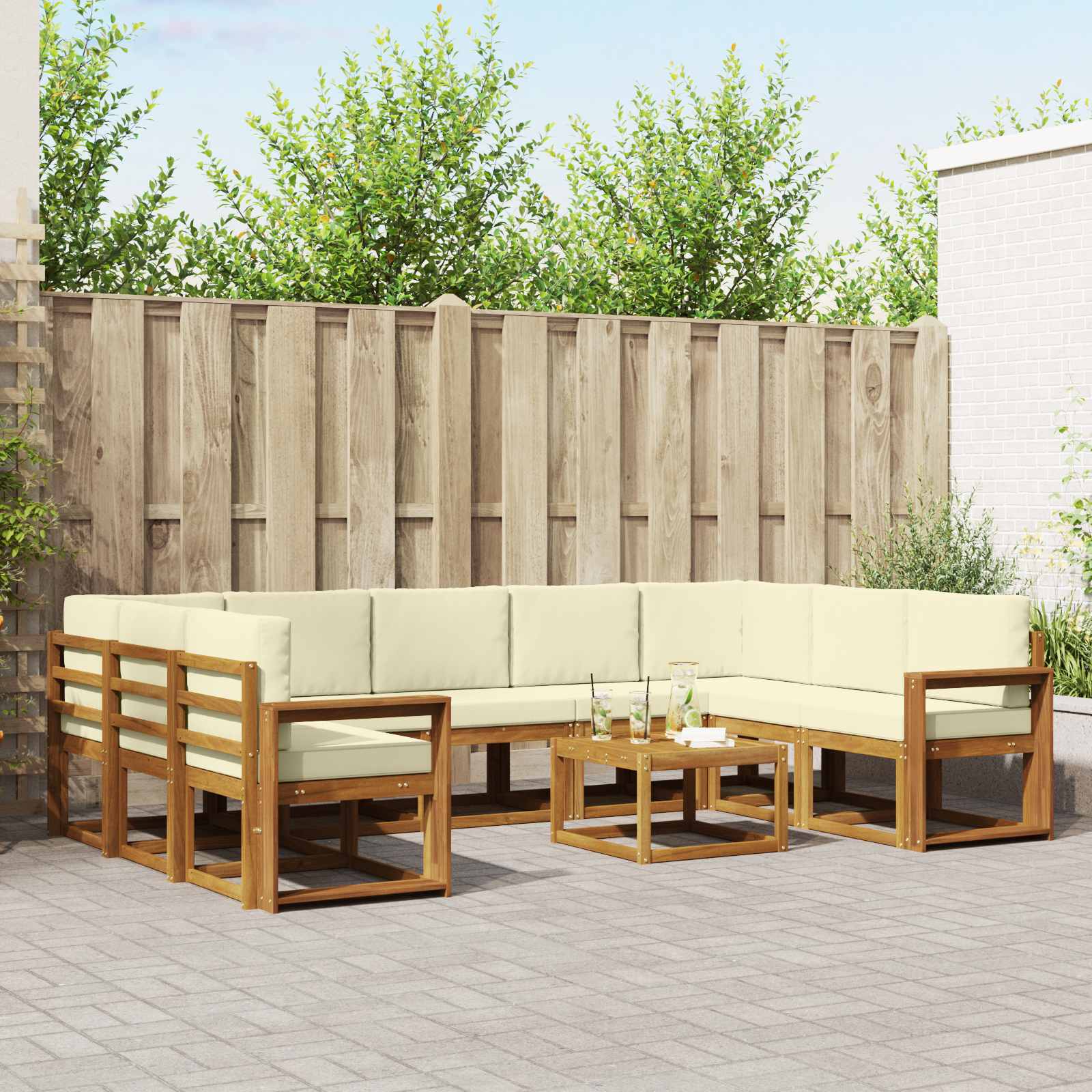 Buiten bankenset met kussen 10 pcs Natuurlijk en Crème