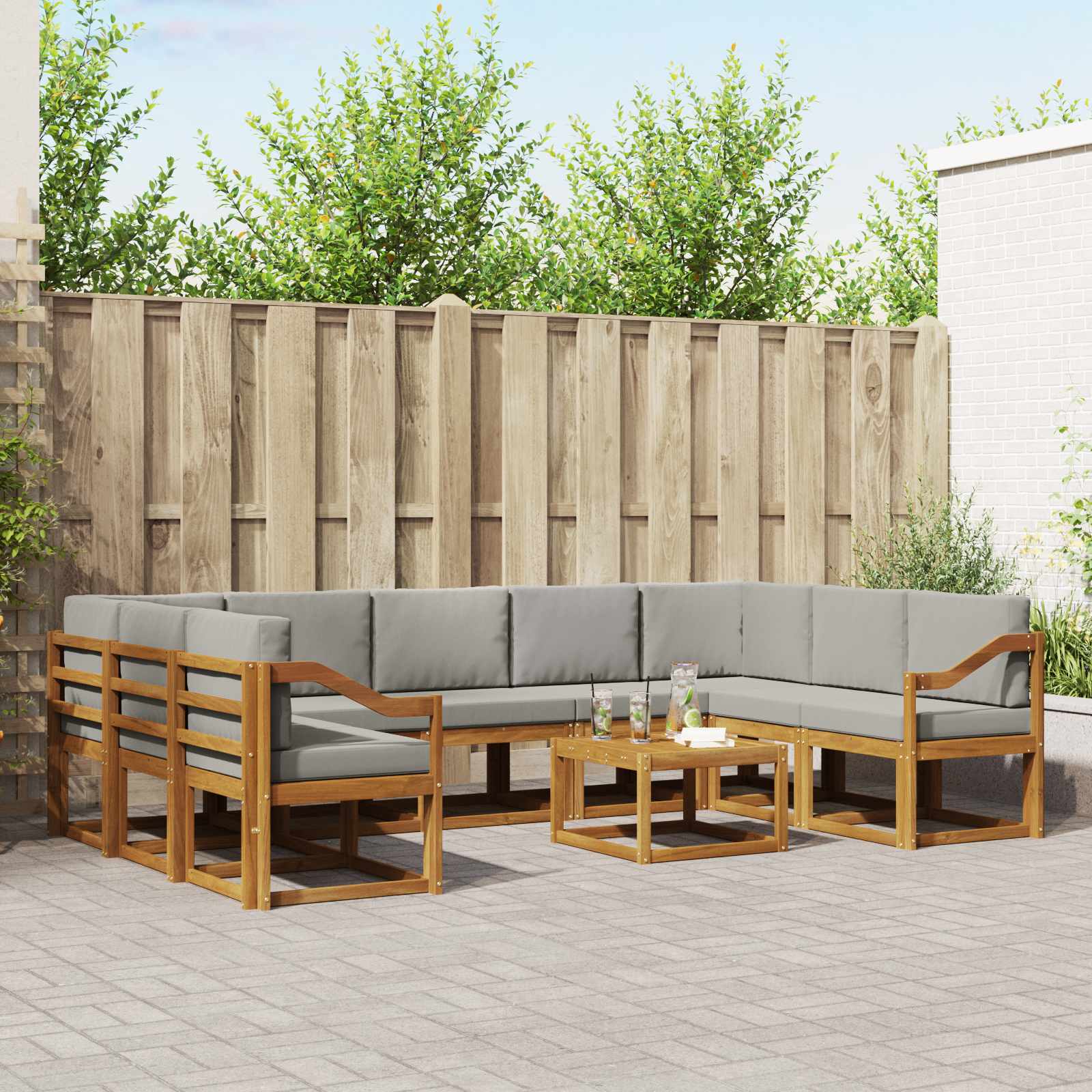 Buiten bankenset met kussen 10 pcs Natuurlijk en Lichtgrijs – afbeelding 1