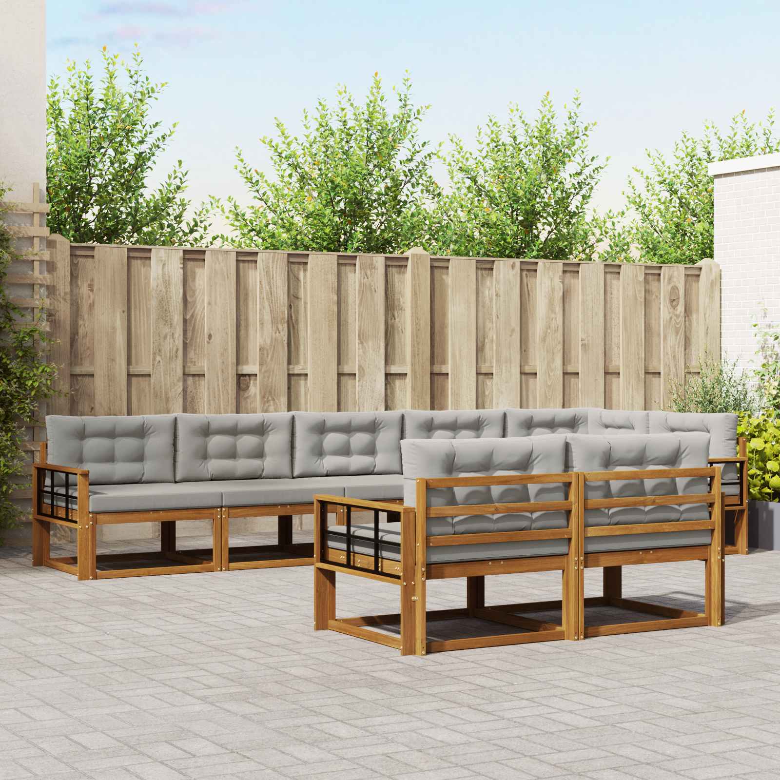 Buiten bankenset met kussen 8 pcs Natuurlijk en Lichtgrijs